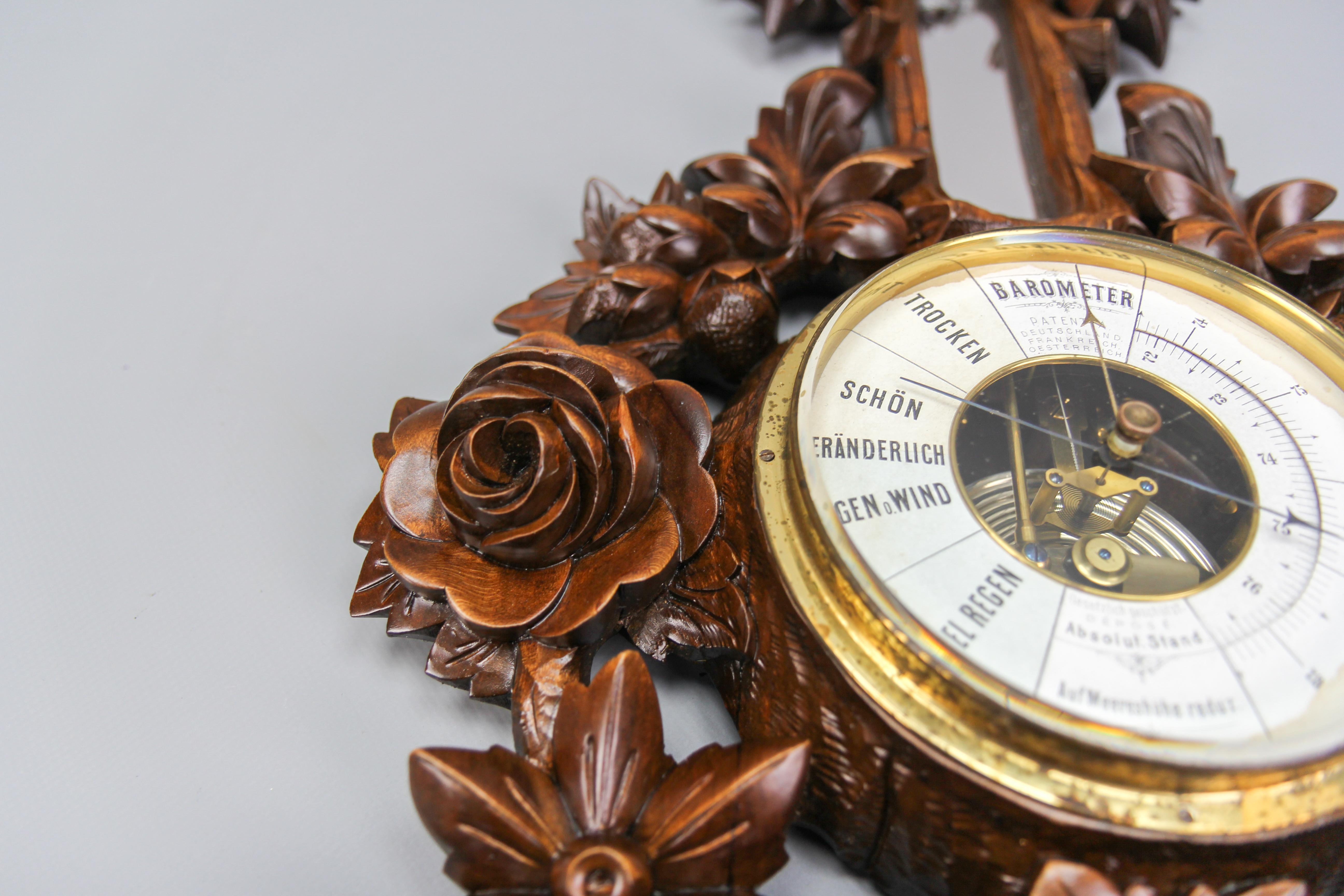 Early 20th Century Black Forest Style Carved Walnut Barometer, Germany, ca. 1920 For Sale