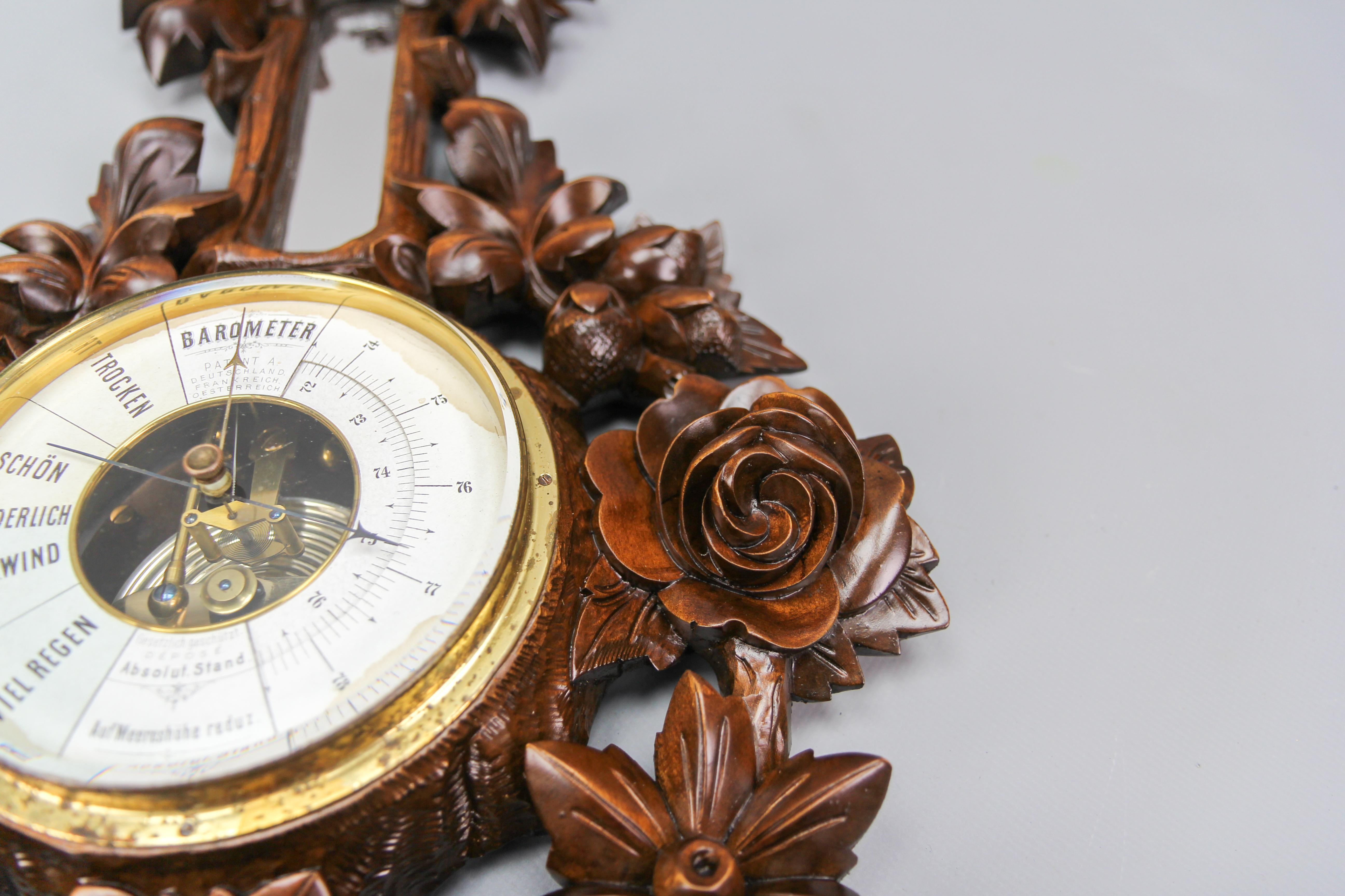 Glass Black Forest Style Carved Walnut Barometer, Germany, ca. 1920 For Sale