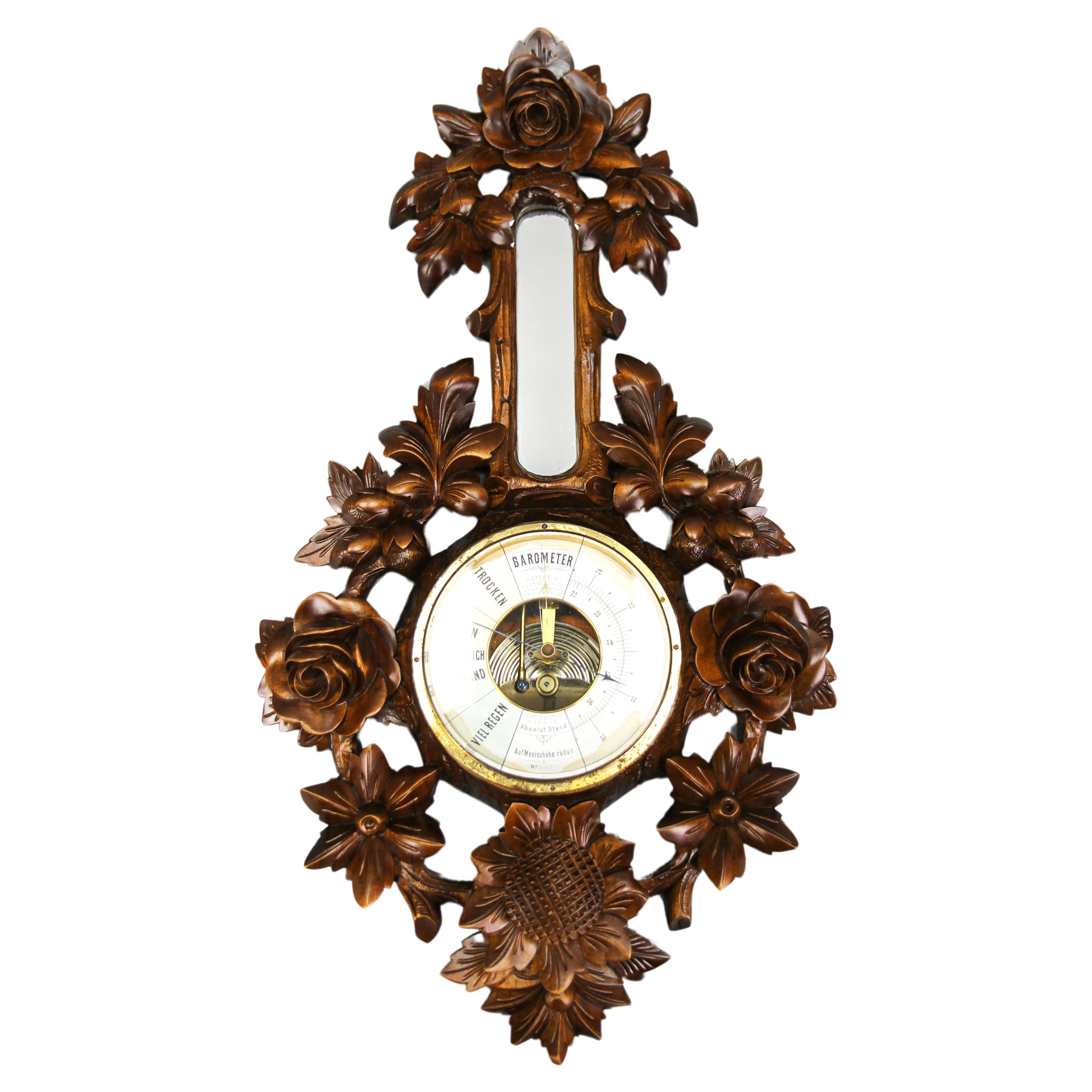 Black Forest Style Carved Walnut Barometer, Germany, ca. 1920 For Sale