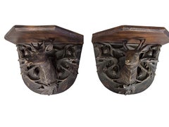 Black Forest Style Wall Shelves Featuring Stag Heads and Acorns