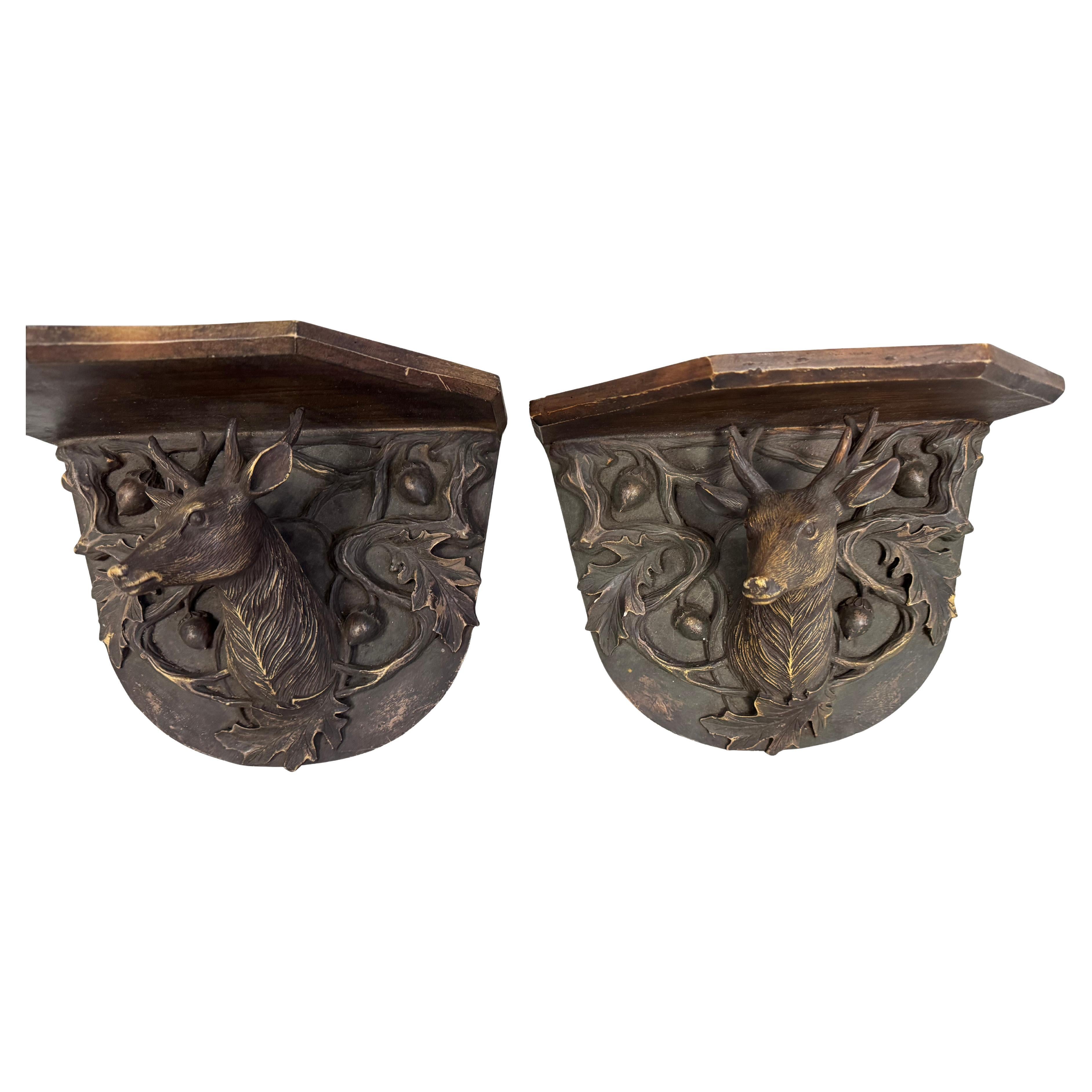 Black Forest Style Wall Shelves Featuring Stag Heads and Acorns