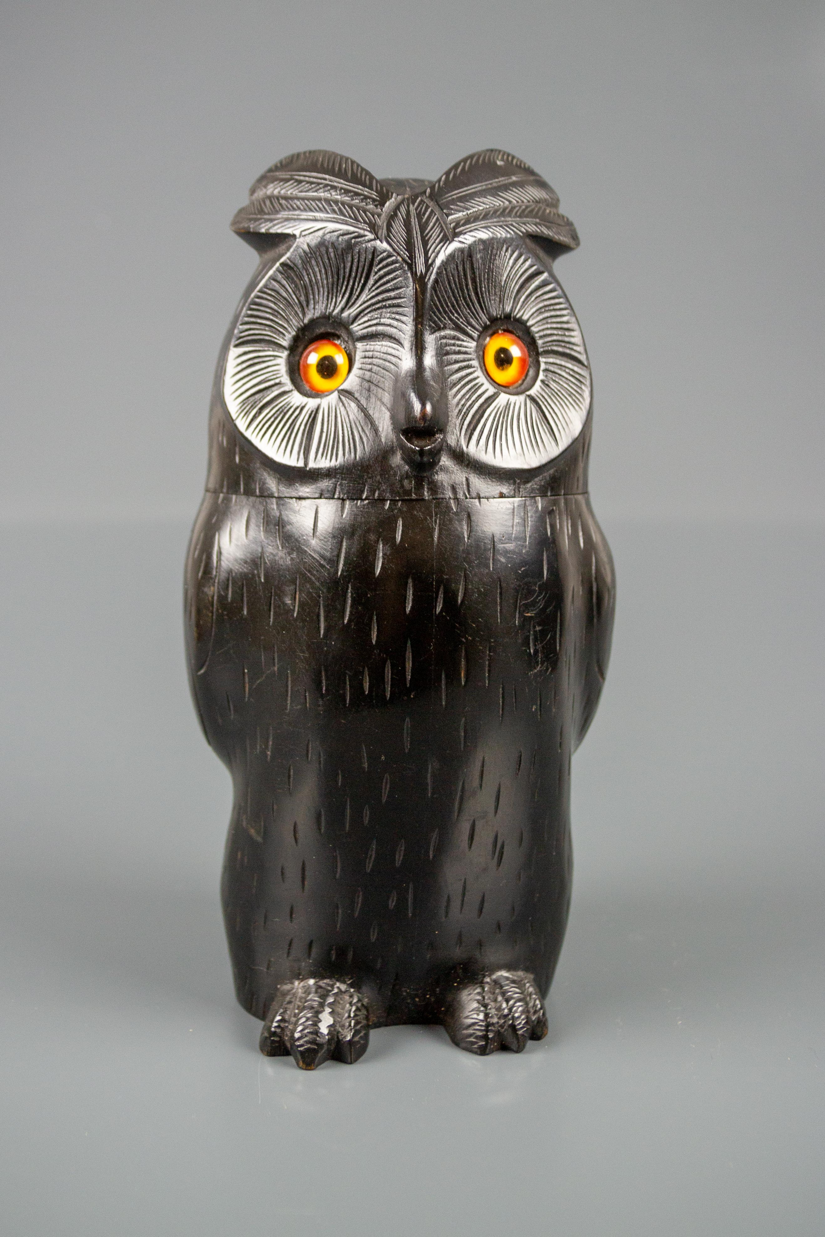 German Black Forest Style Wooden Carved Trinket Box in the Shape of an Owl