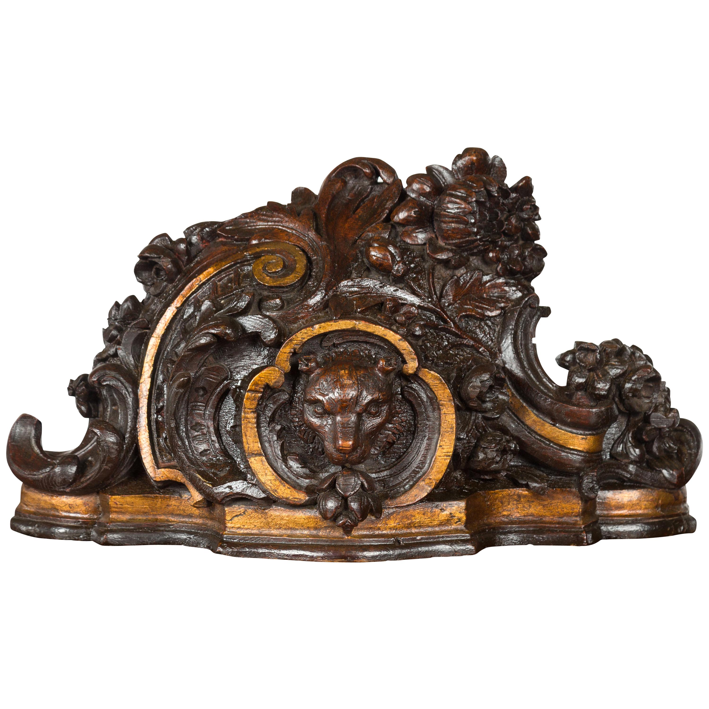 Black Forest Swiss 1900s Carved Wooden Fragment with Bear Motif and Gilt Accents For Sale