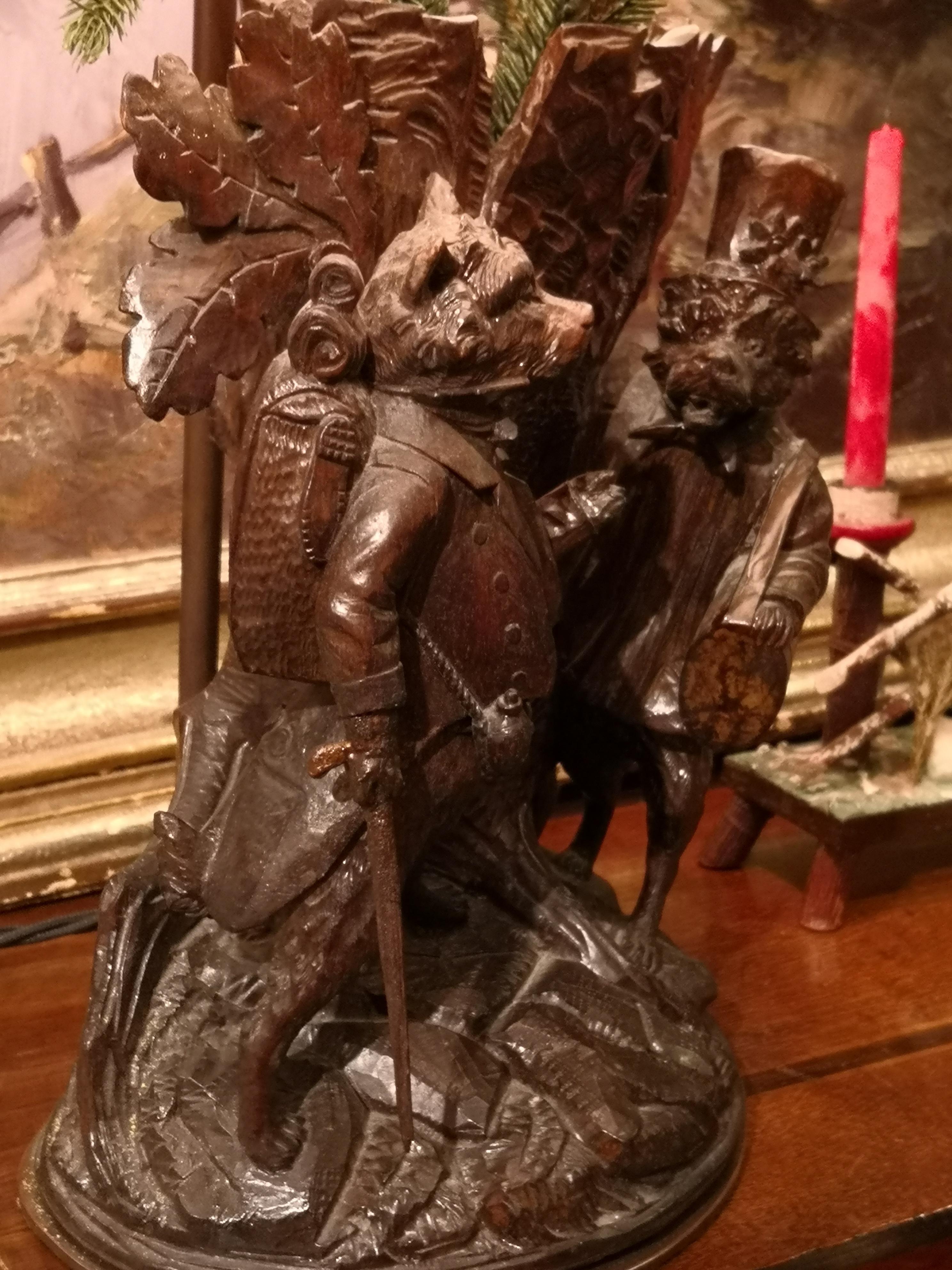 Black Forest  Swiss Table Lamp Wood Hand-Carved Sculpture 3