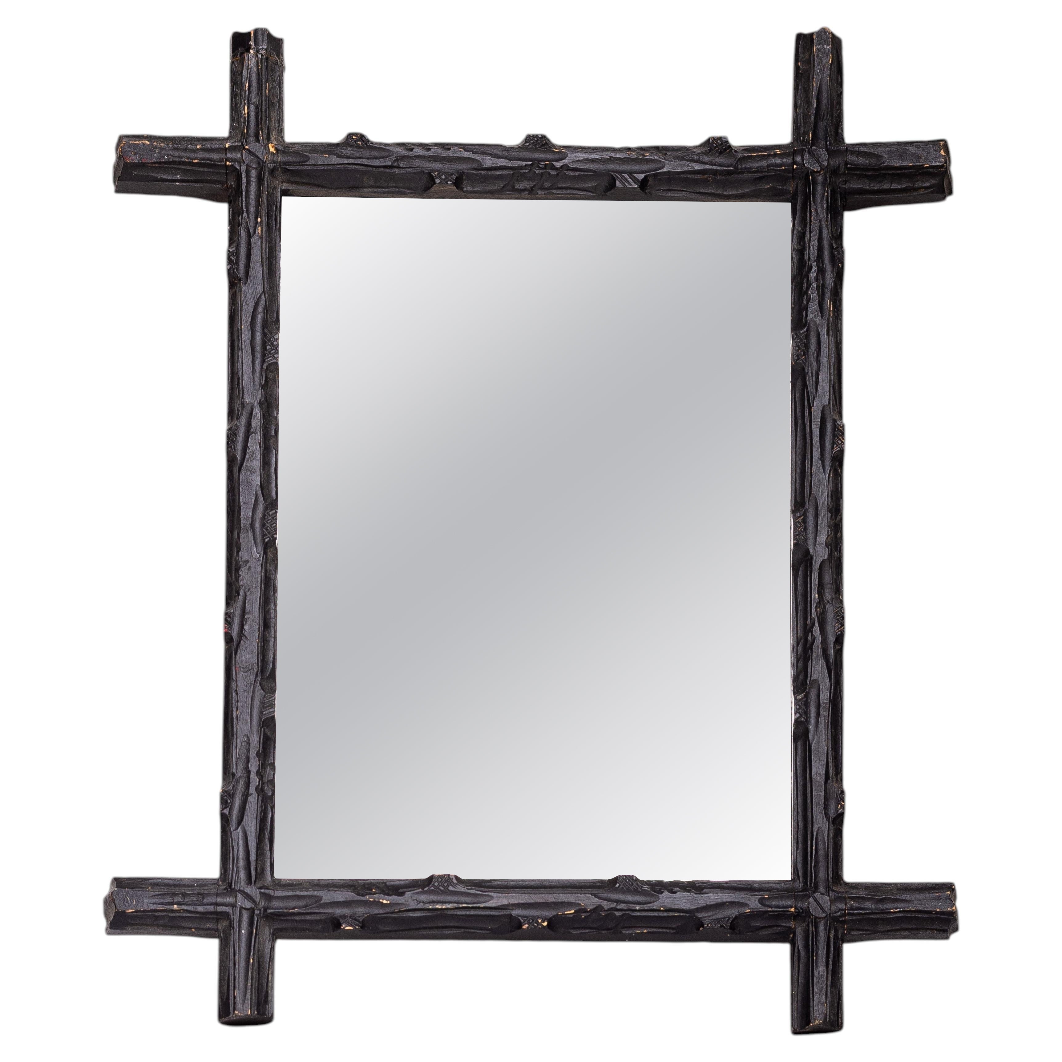 Black Forest / Tramp Art Wall Mirror - Hand-Carved Wooden Mirror - Austria 1890s