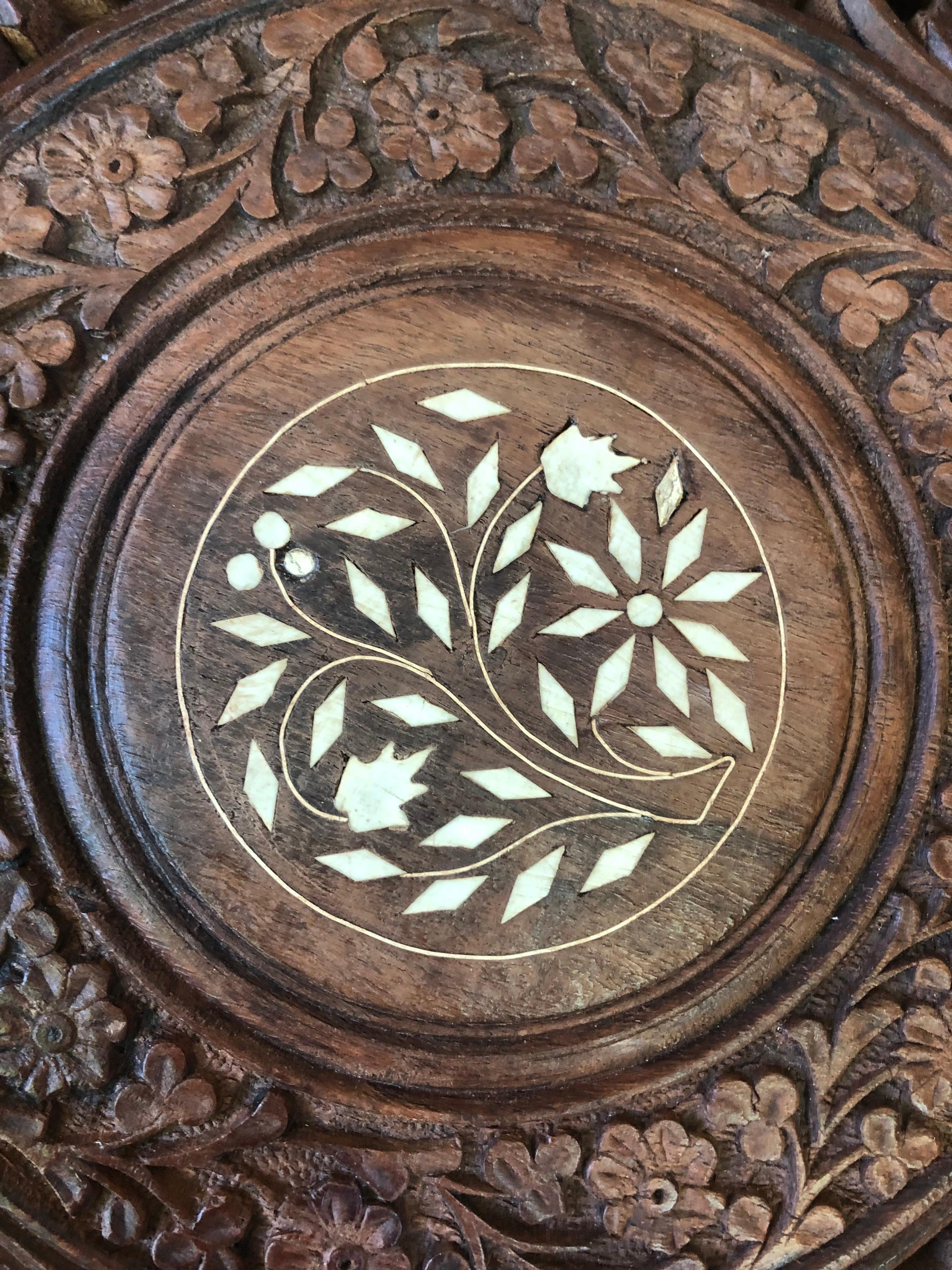 French Black Forest Trivet with Carved Leaves & Inlay, circa 1880