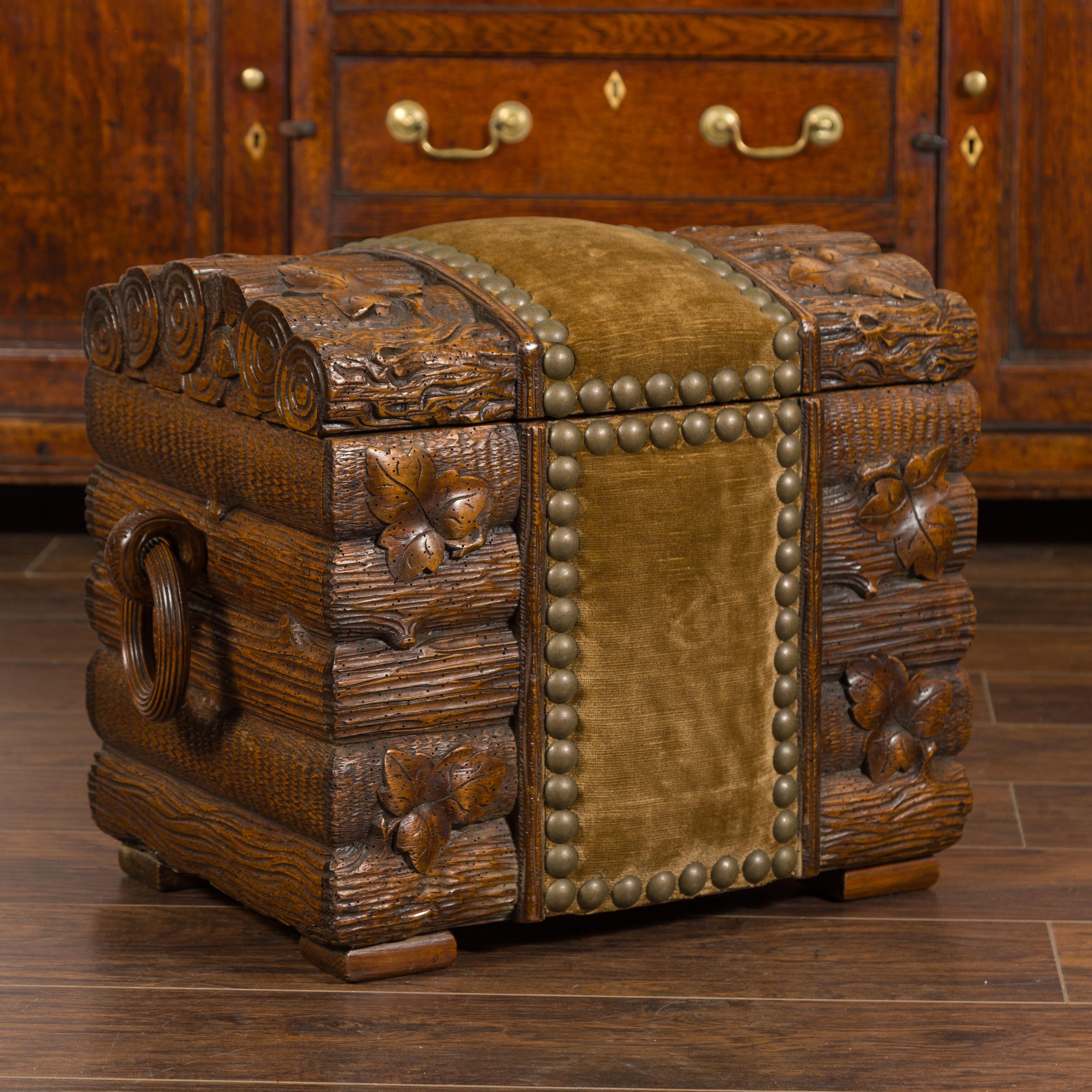 Oak Black Forest Turn of the Century Chest with Logs, Foliage and Fabric, circa 1900