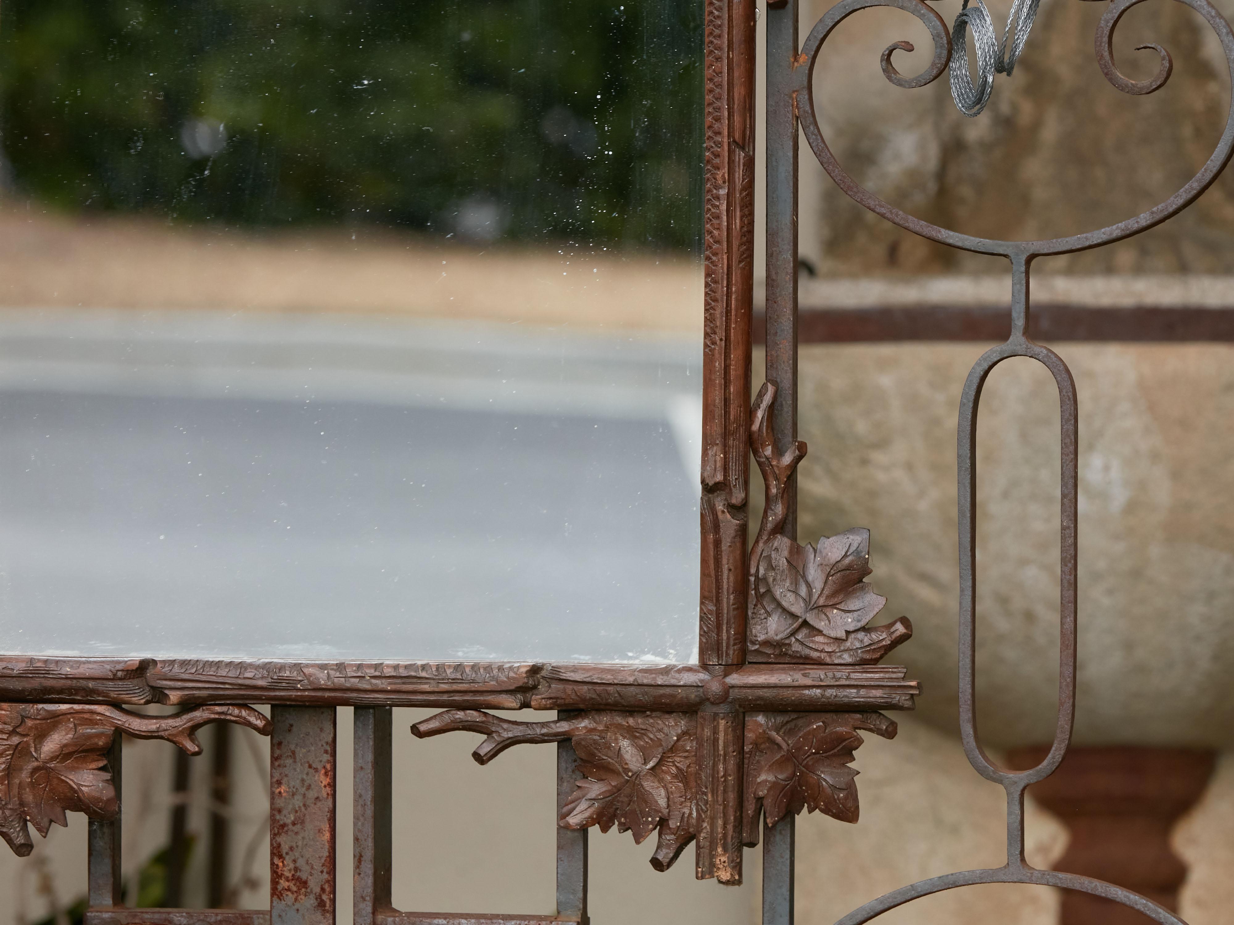 Swiss Black Forest Turn of the Century Mirror with Hand-Carved Oak Leaves and Viola