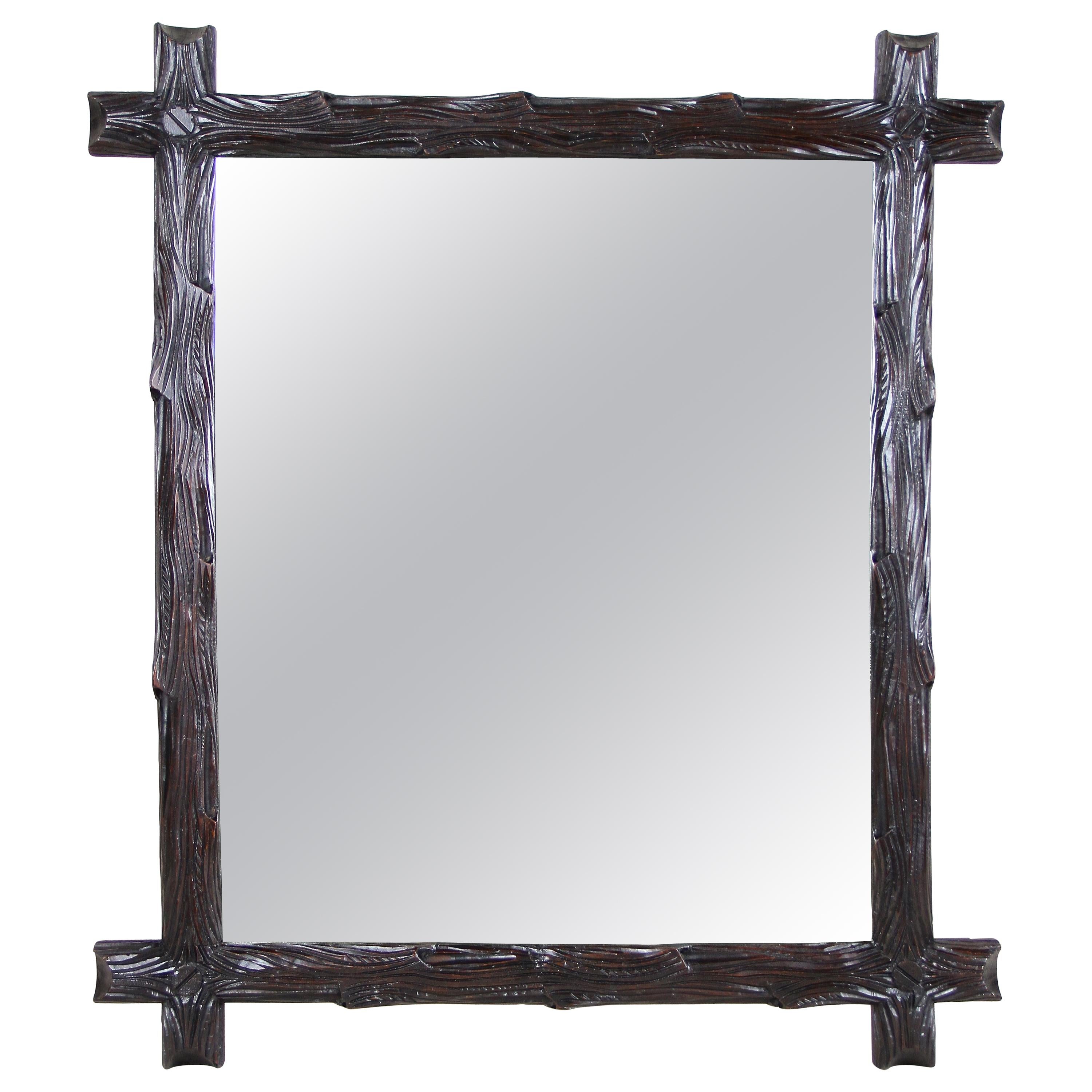 Black Forest Wall Mirror Rustic Style Hand Carved, Austria, circa 1880