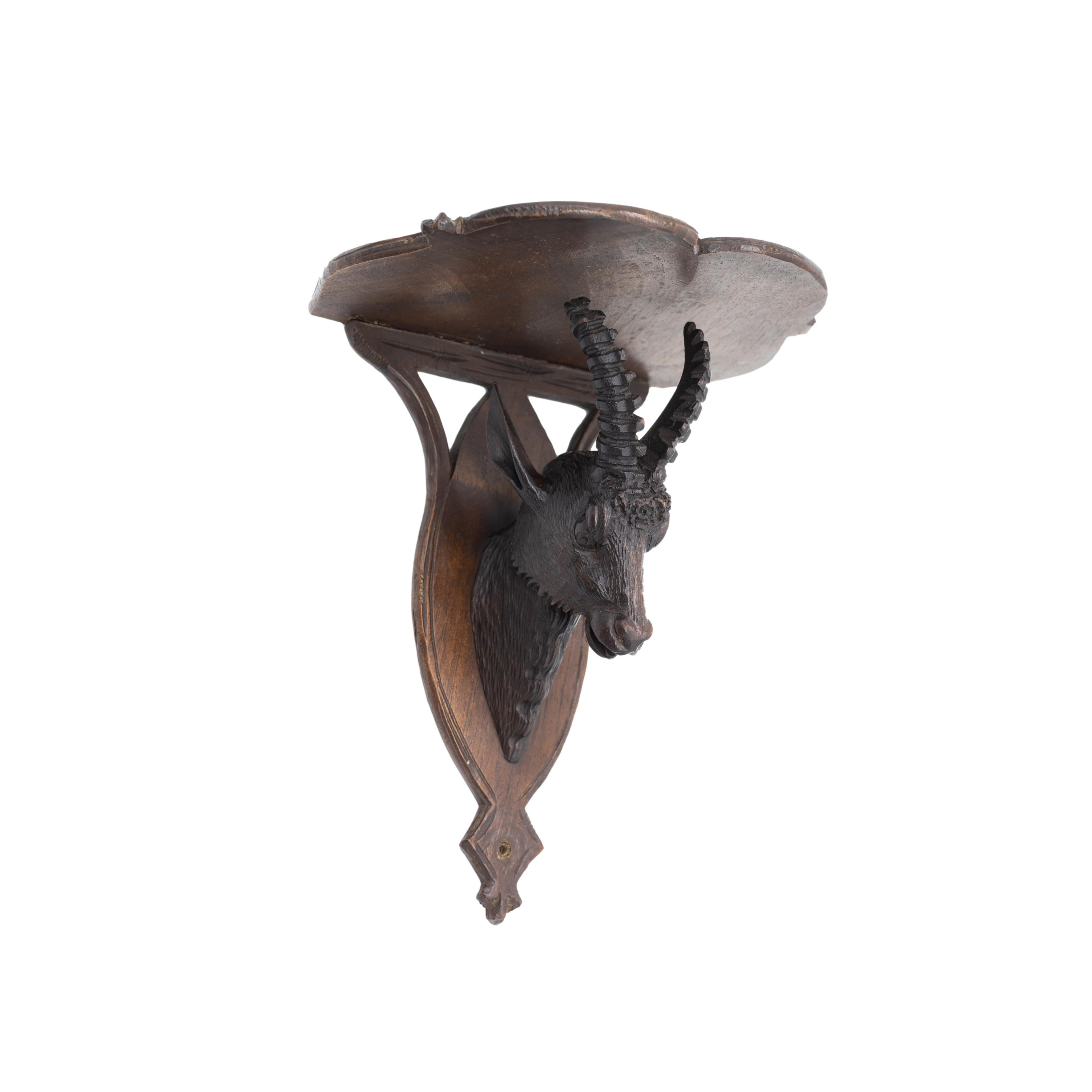 Hand-Carved Black Forest Wall Shelf with Finely Carved Chamois Head, Swiss, ca. 1880 For Sale