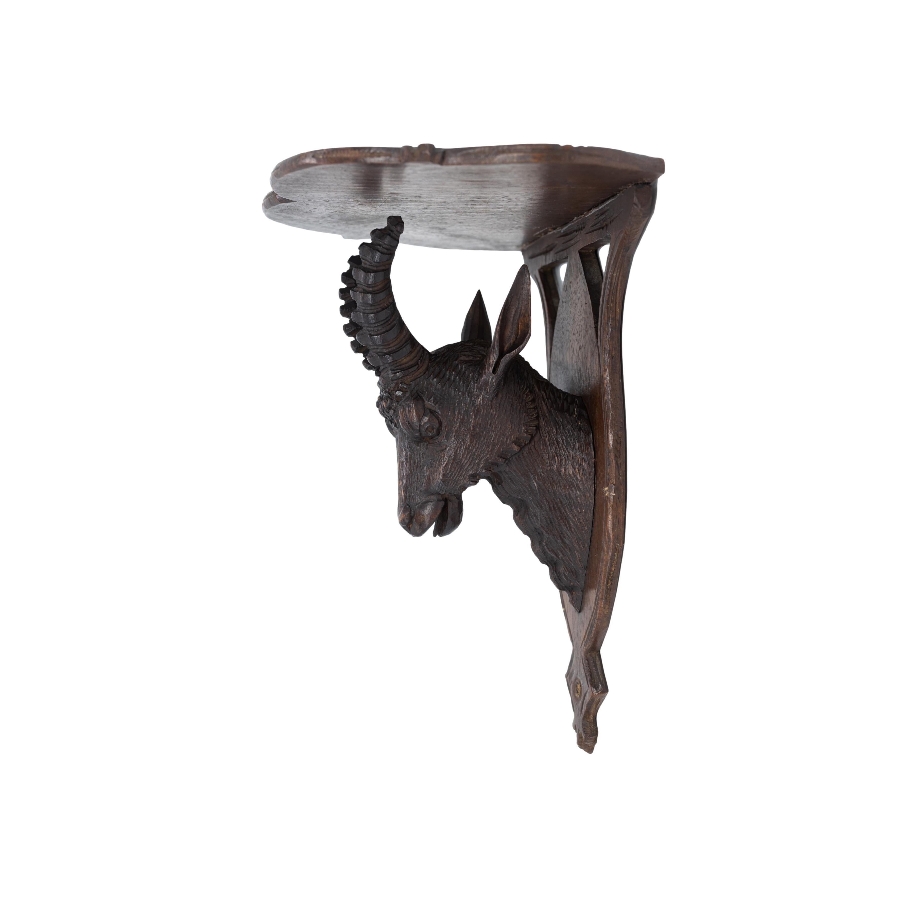 Late 19th Century Black Forest Wall Shelf with Finely Carved Chamois Head, Swiss, ca. 1880 For Sale