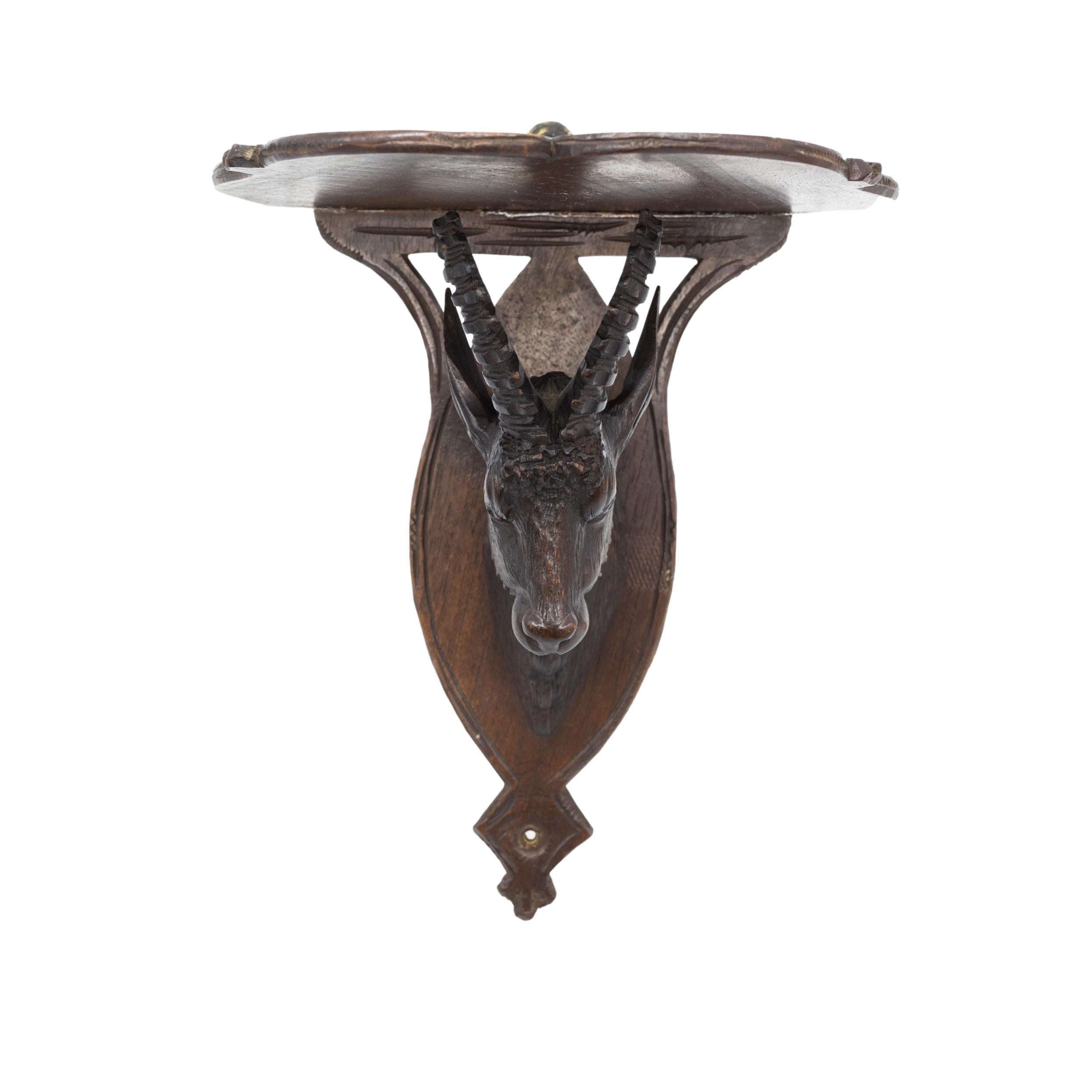 Softwood Black Forest Wall Shelf with Finely Carved Chamois Head, Swiss, ca. 1880 For Sale