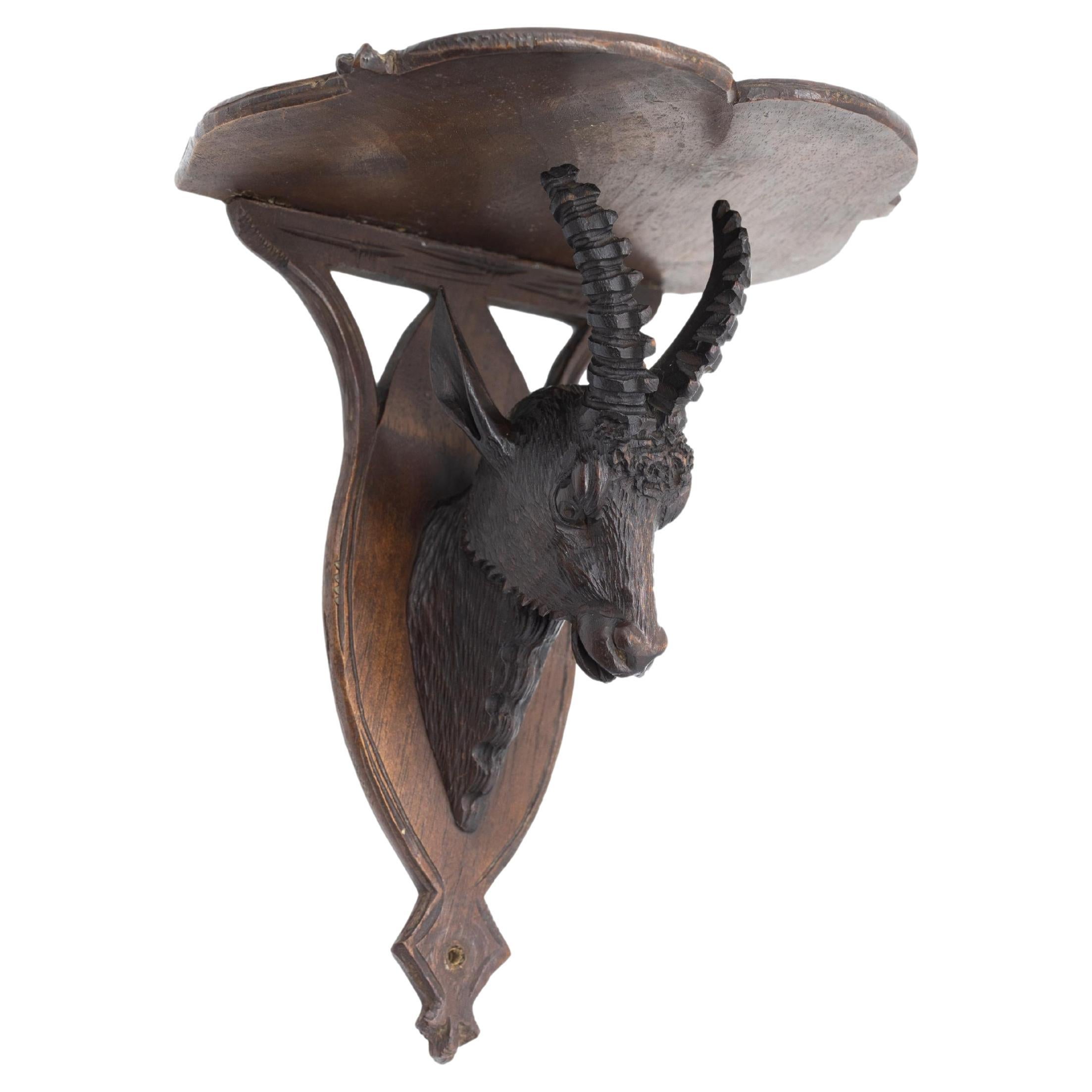 Black Forest Wall Shelf with Finely Carved Chamois Head, Swiss, ca. 1880 For Sale