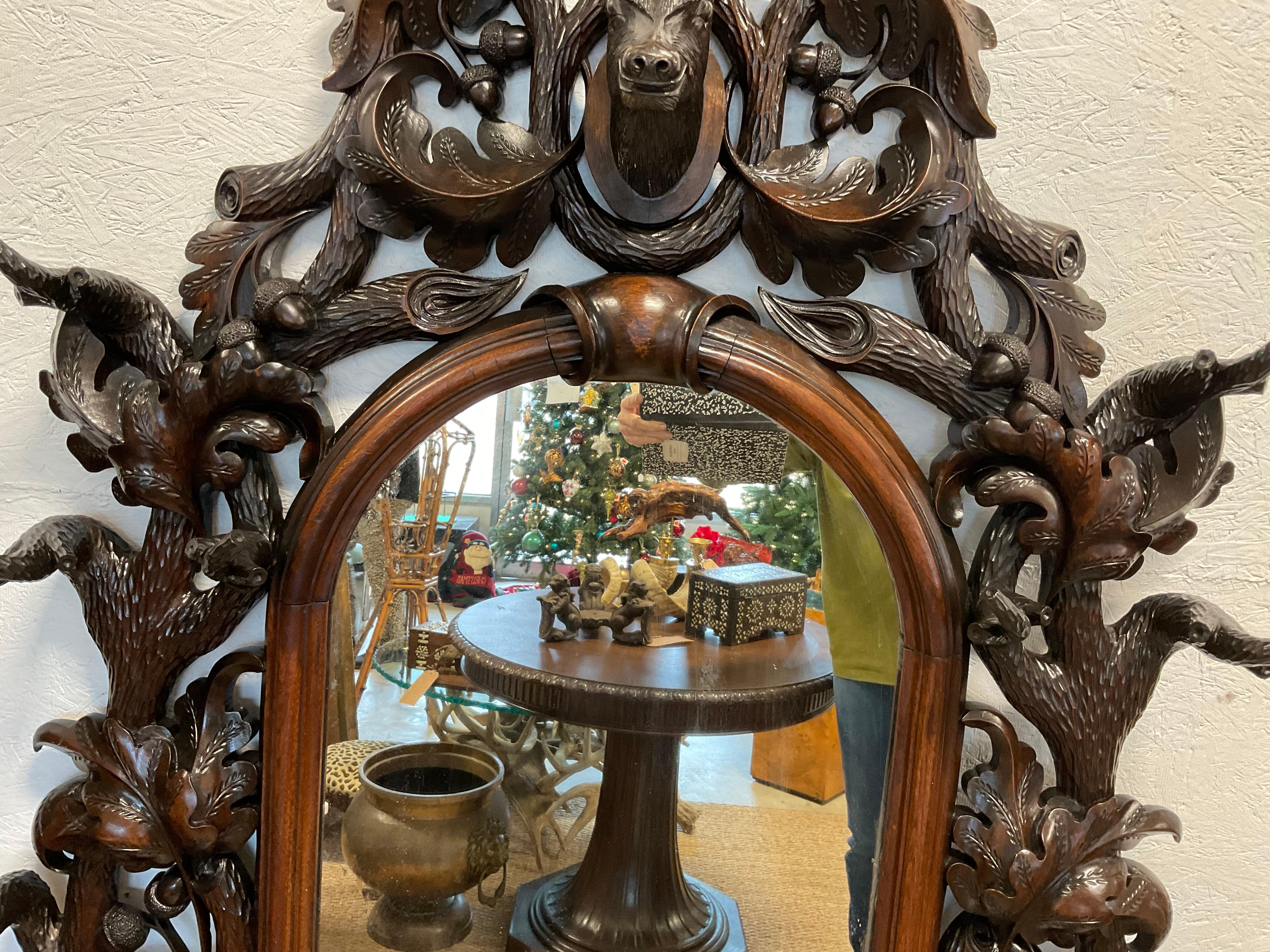 Hand-Carved Black Forest Walnut Mantle Mirror
