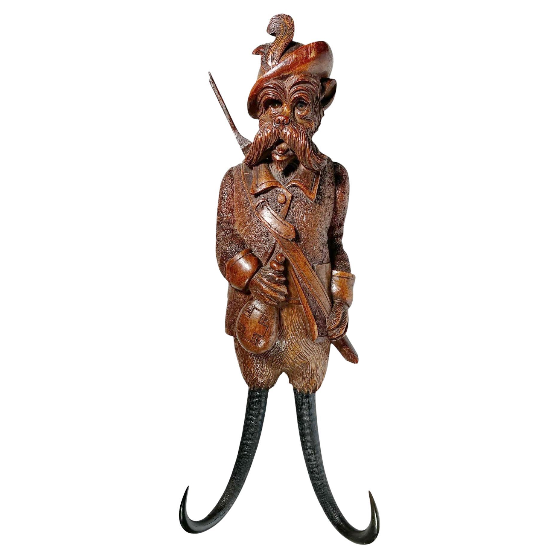 Black Forest Whip Carved Wood Fox Music Box With Glass Eyes