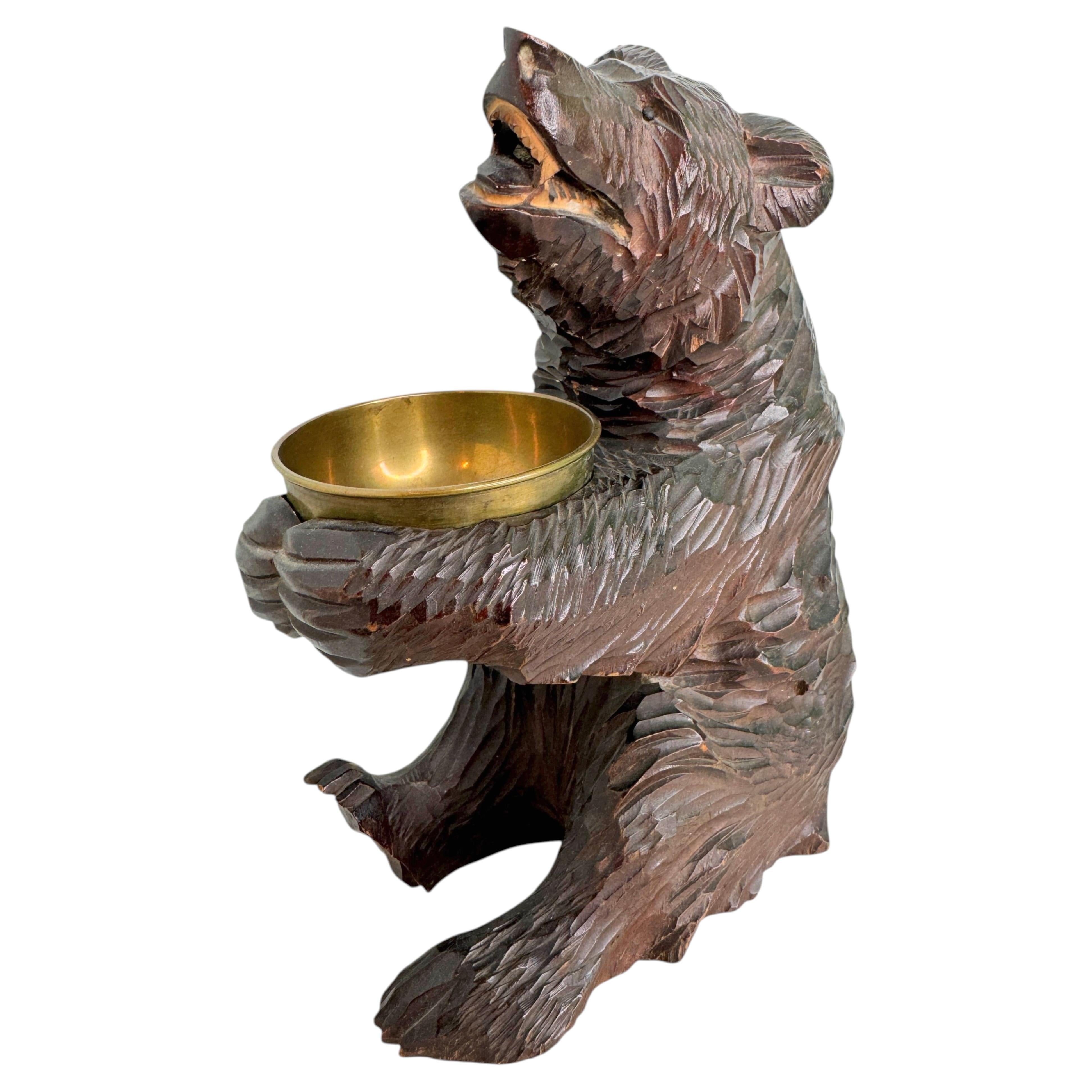 Black Forest Wood Carved Bear Catchall Figure Statue German Antique 1900s