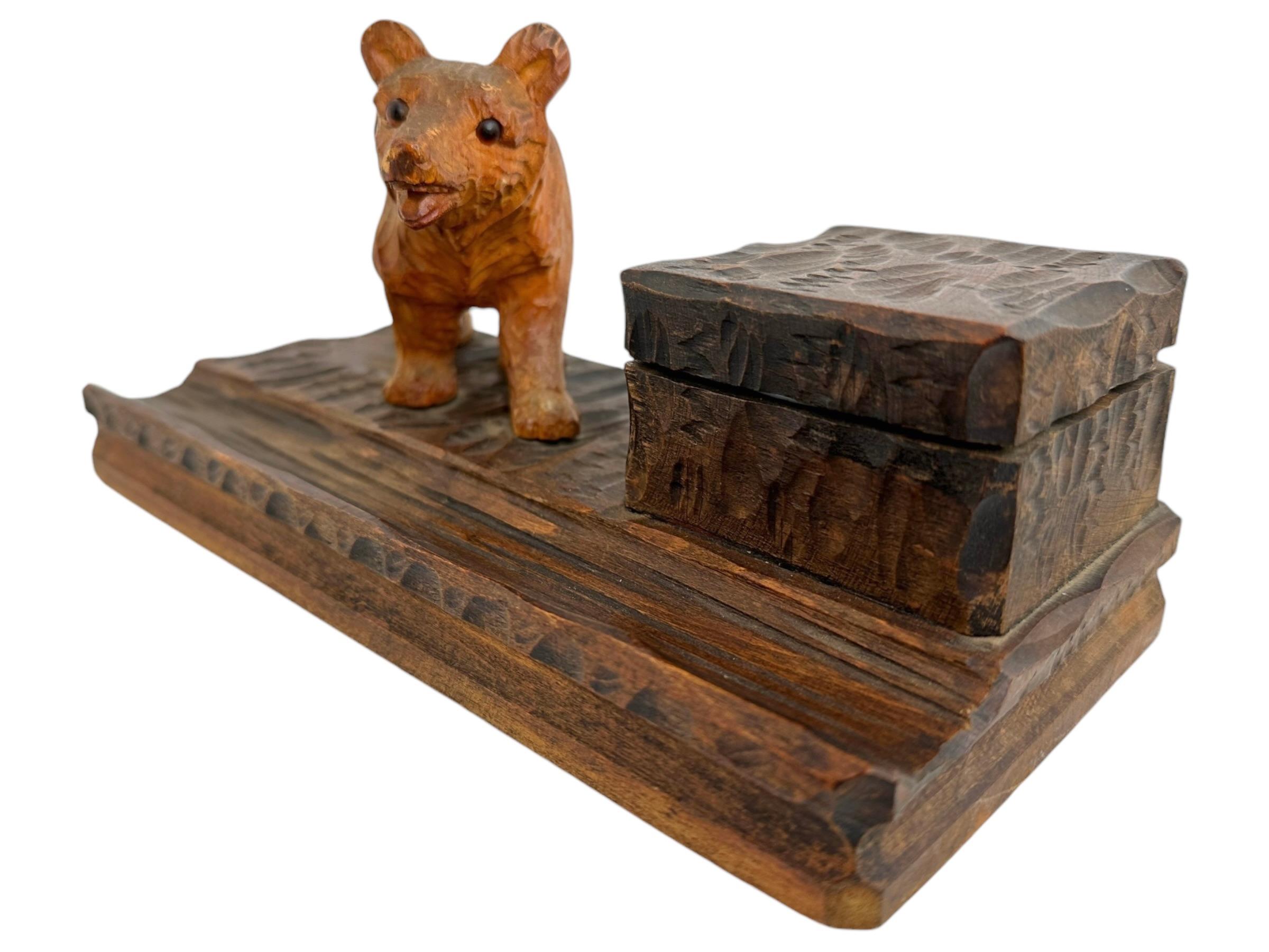 Black Forest Madera Tallada Oso Estatua Tintero Alemán Antiguo 1900s en venta 2
