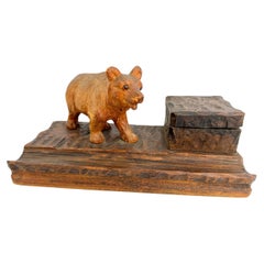 Black Forest Wood Carved Bear Statue Inkwell German Antique 1900s