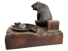 Black Forest Wood Carved Bear Statue Smokers Set German Antique 1900s
