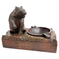 Black Forest Wood Carved Bear Statue Smokers Set German Antique 1900s