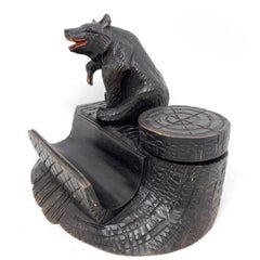 Black Forest Wood Carved Brienz Bear Inkwell German Vintage, 1890s