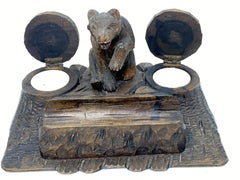 Black Forest Wood Carved Brienz Bear Inkwell German Vintage, 1890s