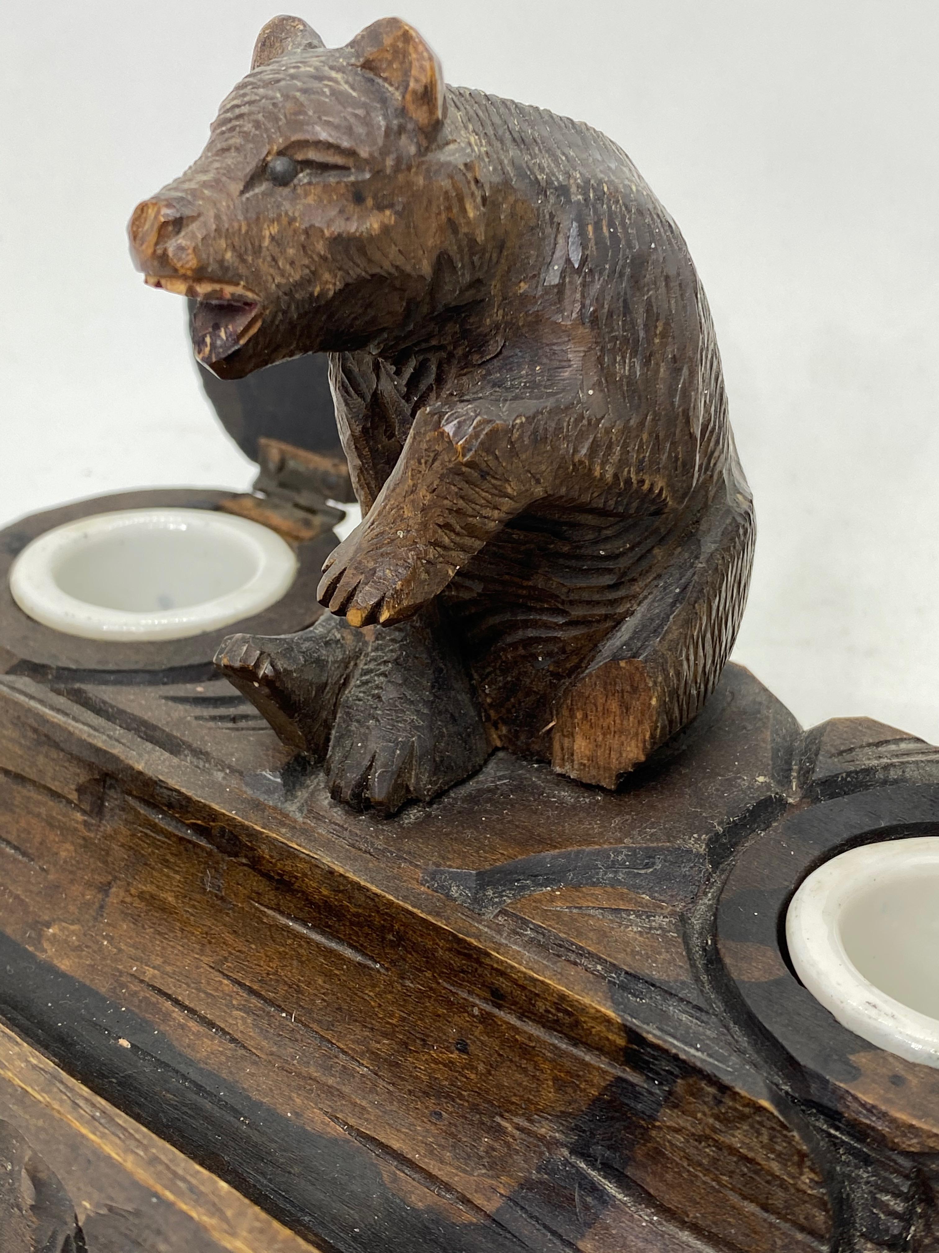 Hand-Carved Black Forest Wood Carved Brienz Bear Inkwell German Vintage, 1890s