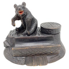 Black Forest Wood Carved Brienz Bear Inkwell German Vintage, 1890s