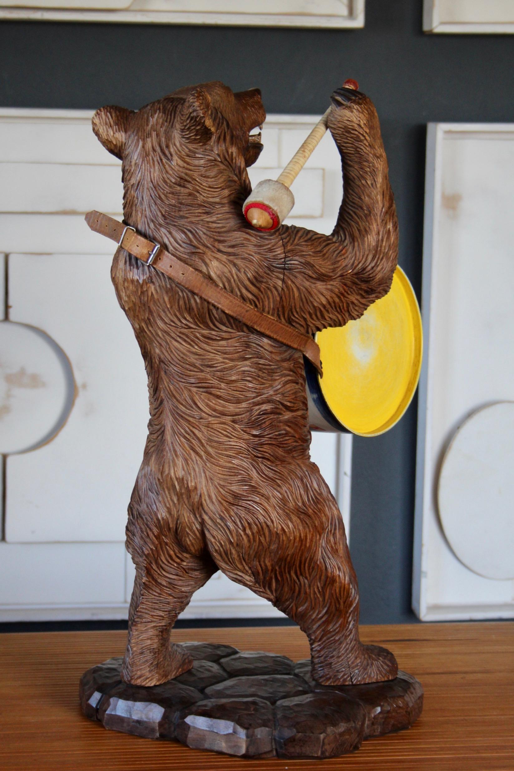 Metal Black Forest Wood Carved Brienz Bear musician Statue For Sale