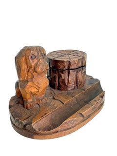 Black Forest Wood Carved Dog Figure Inkwell German Antique 1900s