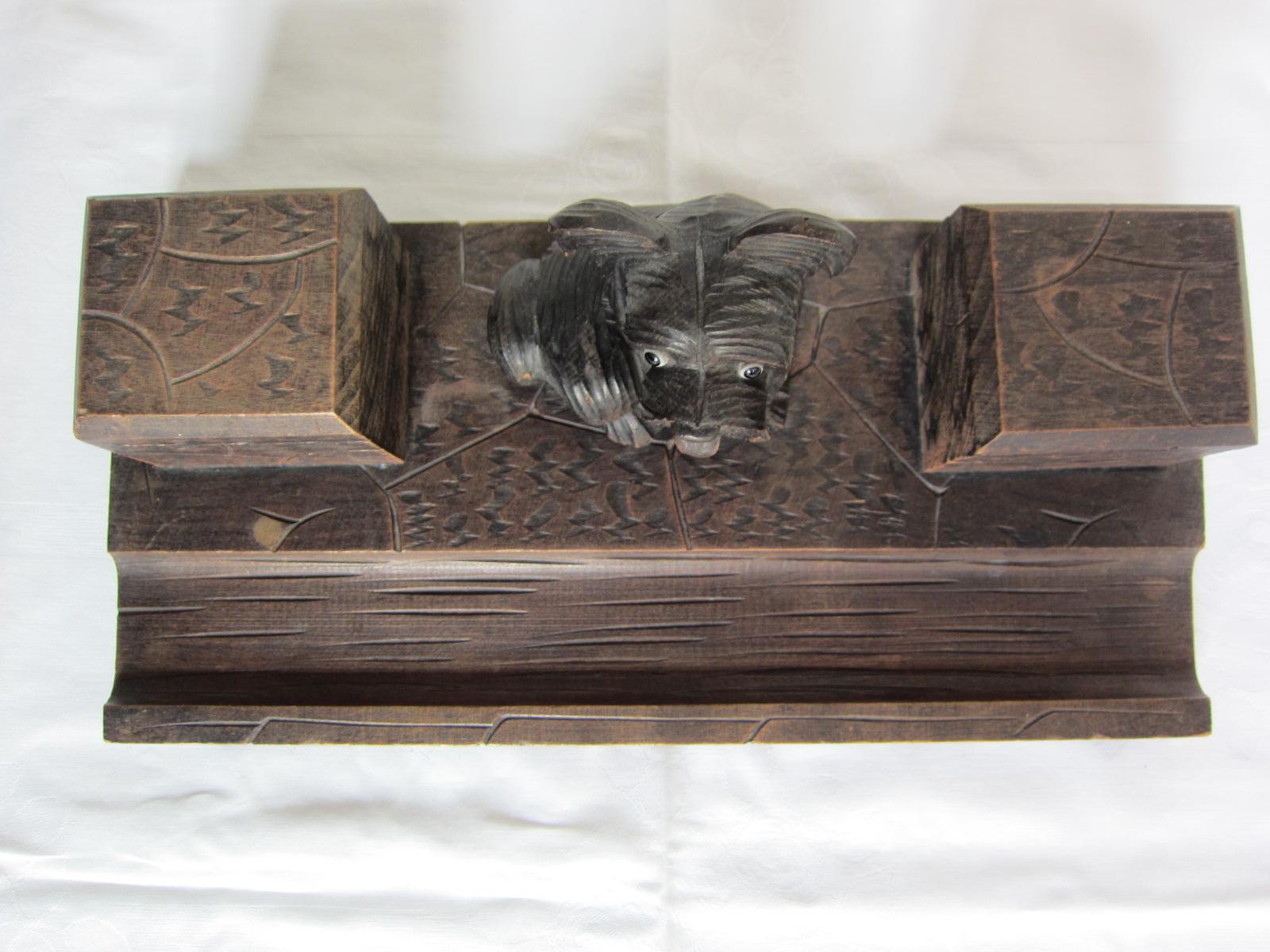 Hand-Carved Black Forest Wood Carved Inkwell, with Scotty dog Austria For Sale