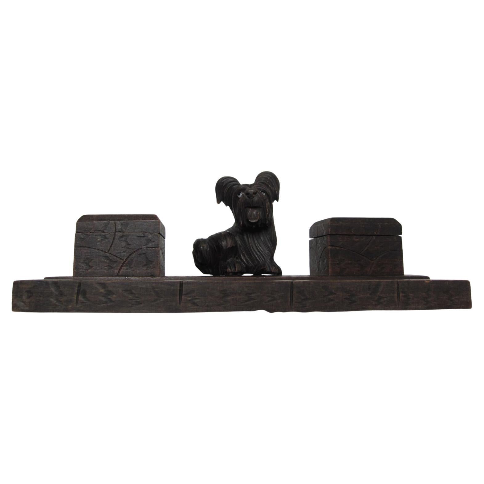 Black Forest Wood Carved Inkwell, with Scotty dog Austria