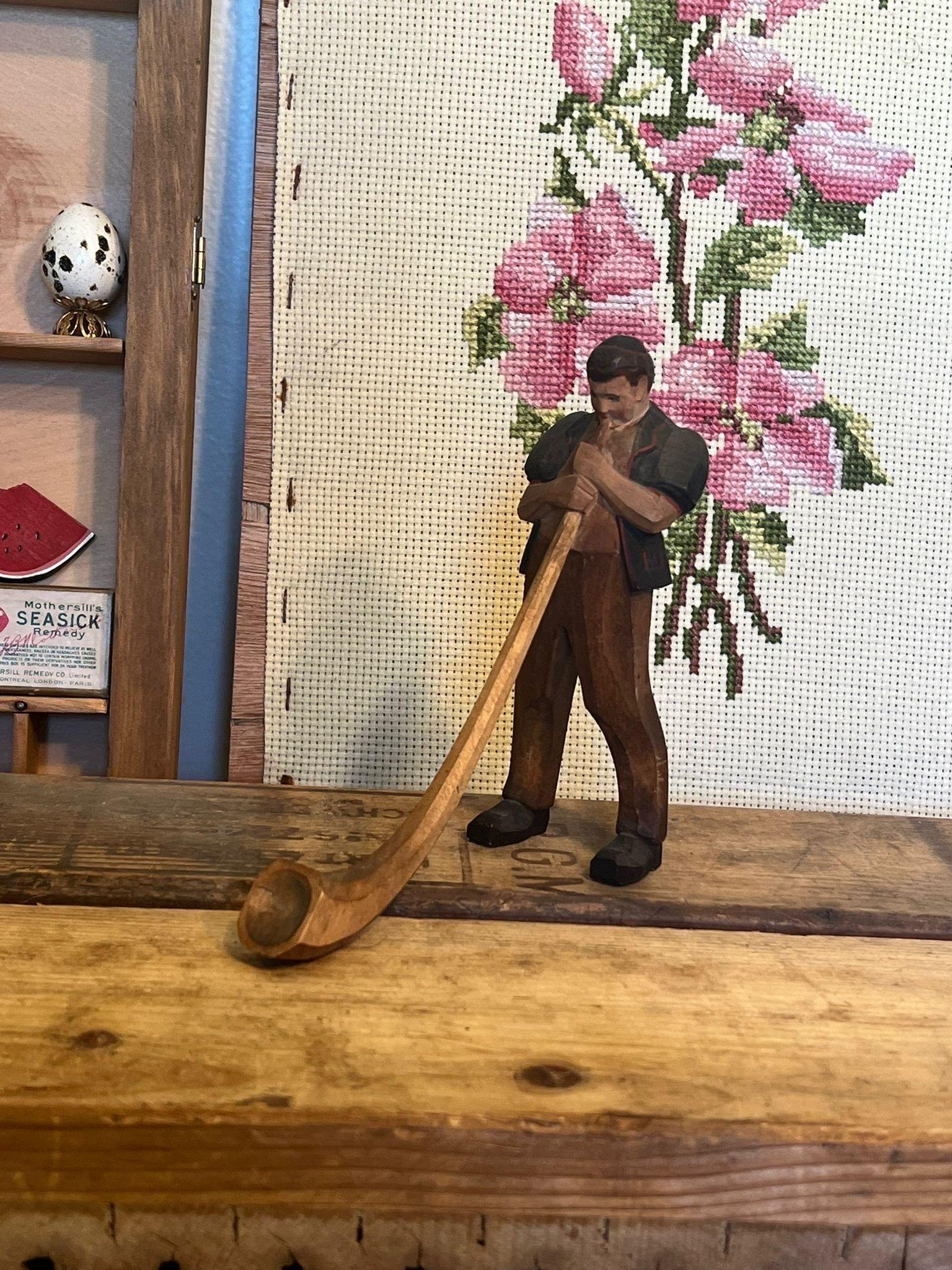 Unique patina wood carving of Swiss origin. Vintage condition as pictured. Listing is for described item only.. Box H3

Dimensions. 5”W ; 2.25” D ; 5.50” H