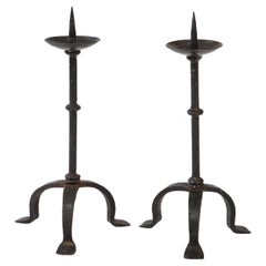 Black Forged Hammered Iron Candlesticks, Berry, France, c. 1900
