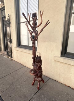 Black Forrest Carved Oak Bear and Cub Hall Tree with Central Mirror, Circa 1880