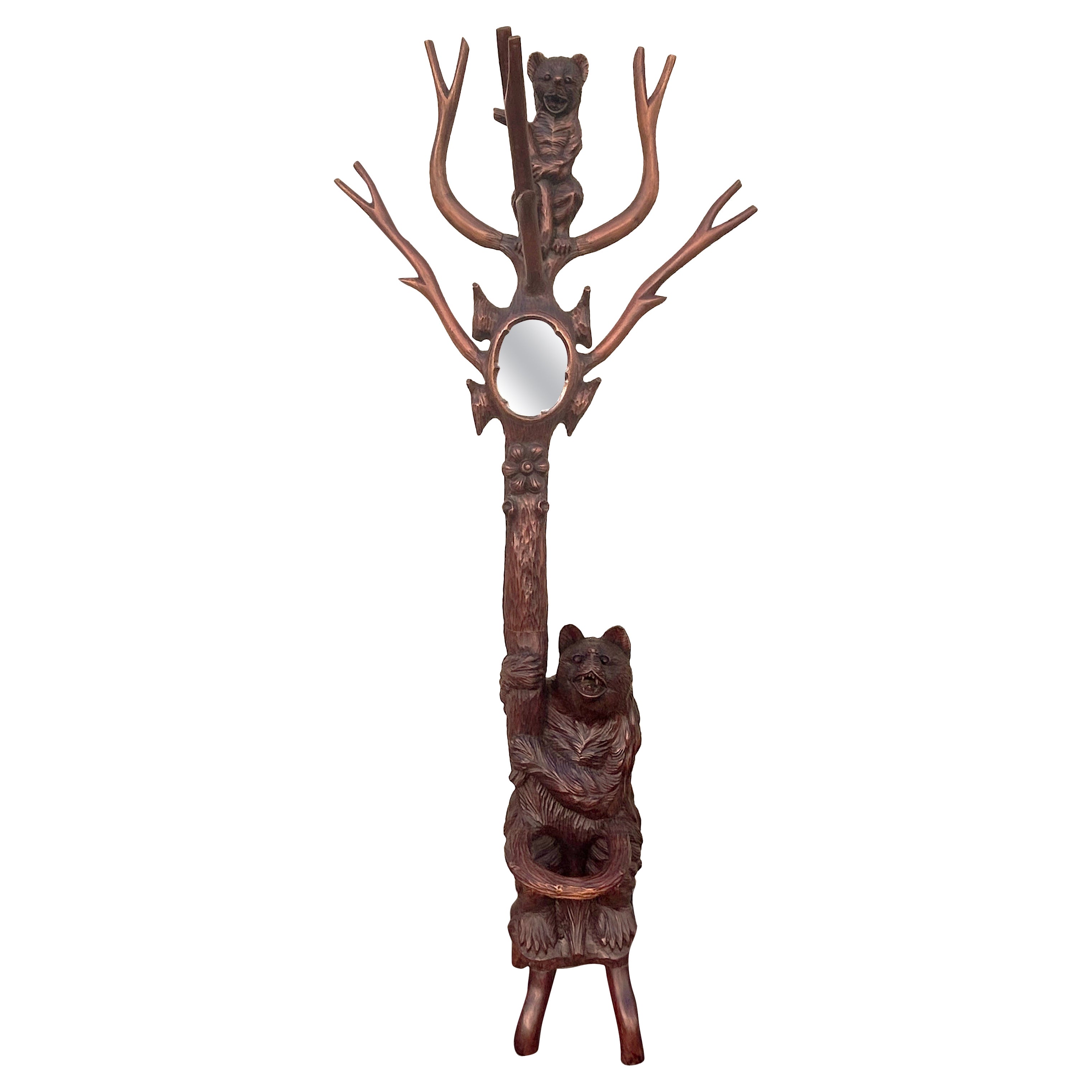 Black Forrest Carved Oak Bear and Cub Hall Tree with Central Mirror, Circa 1880 For Sale