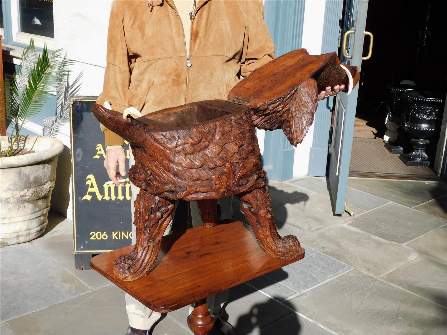 Black Forrest Carved Oak Hinged Boar Head Cellarette with Bone Tusk, C. 1870 For Sale 8