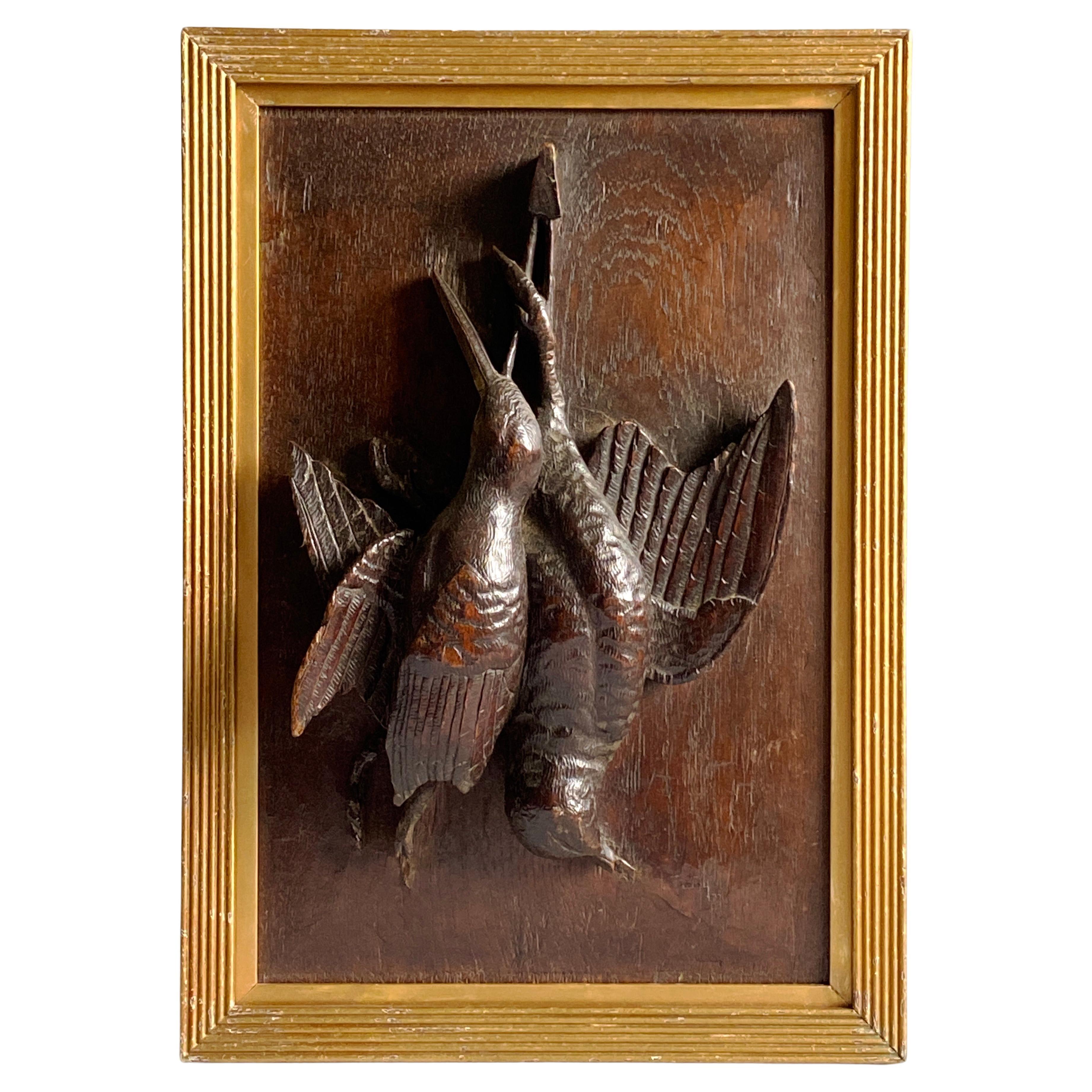 Black Forrest Oak Carved Panel Hunting Game Birds Bas-Relief Plaque circa 1890