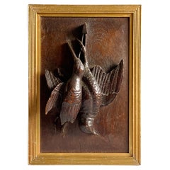 Antique Black Forrest Oak Carved Panel Hunting Game Birds Bas-Relief Plaque circa 1890