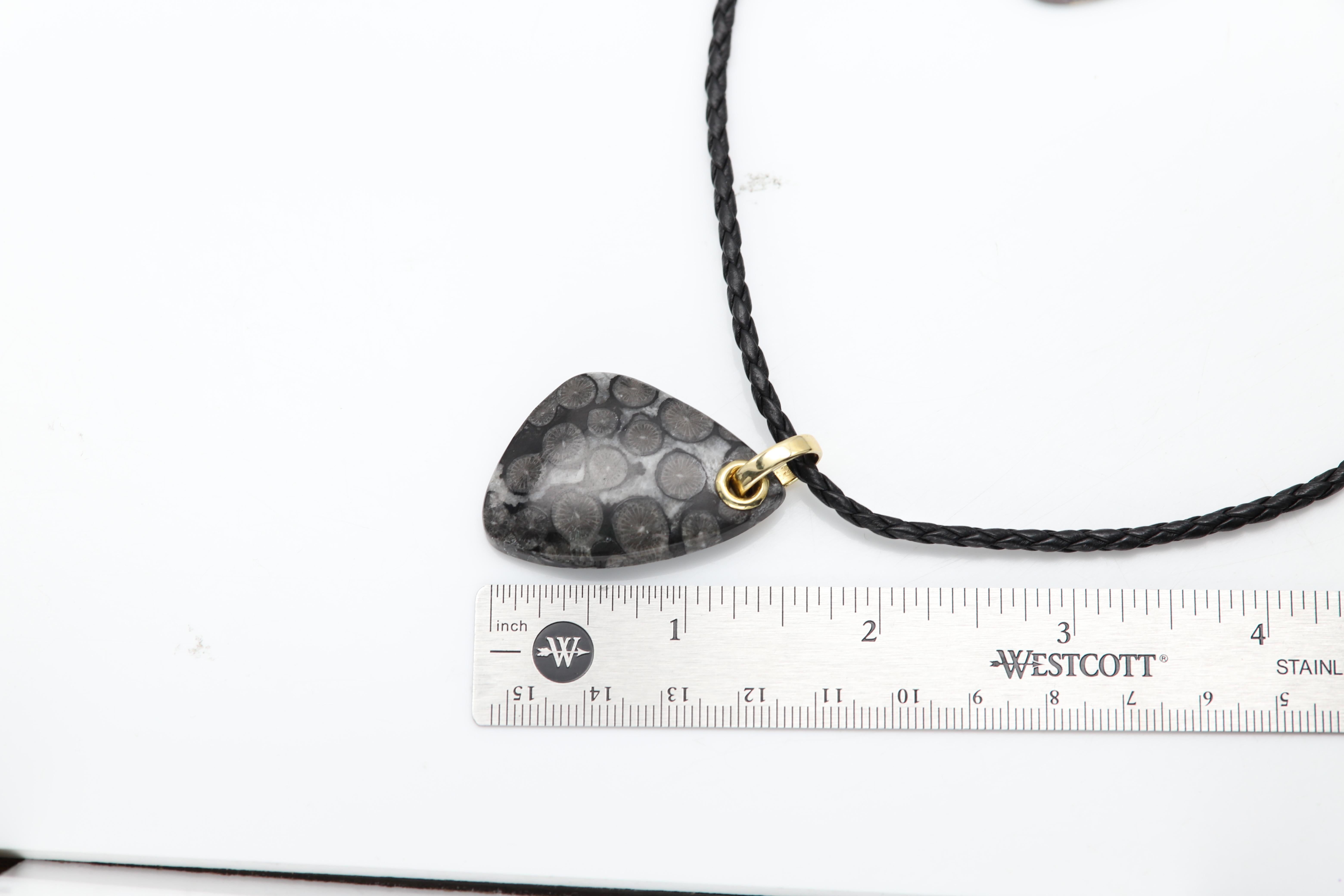 Natural Stone Necklace
Brilliant black/gray Colors and
Set with real 14k Gold parts
Stone Type: Natural Black Fossil Coral stone
Size: approx 40 x 25 mm (1.5' x 1' inch)
Leather cord Italian made - adjustable length 15.5-17.5' Inch
Cord has Sterling