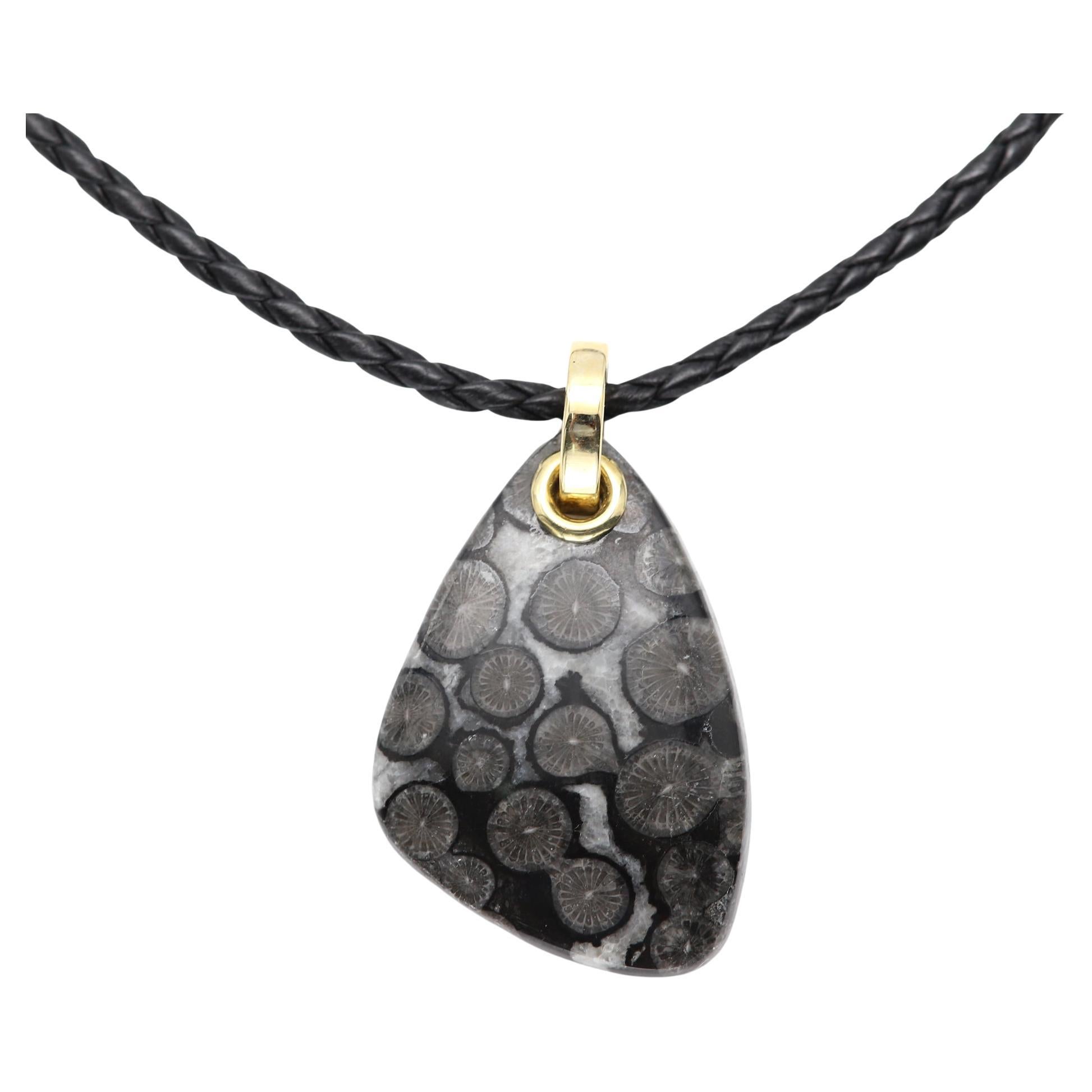 Black Fossil Coral stone Necklace Natural Stone Pendant 14 Karat Yellow Gold
