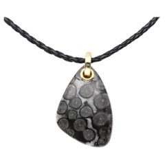 Black Fossil Coral stone Necklace Natural Stone Pendant 14 Karat Yellow Gold