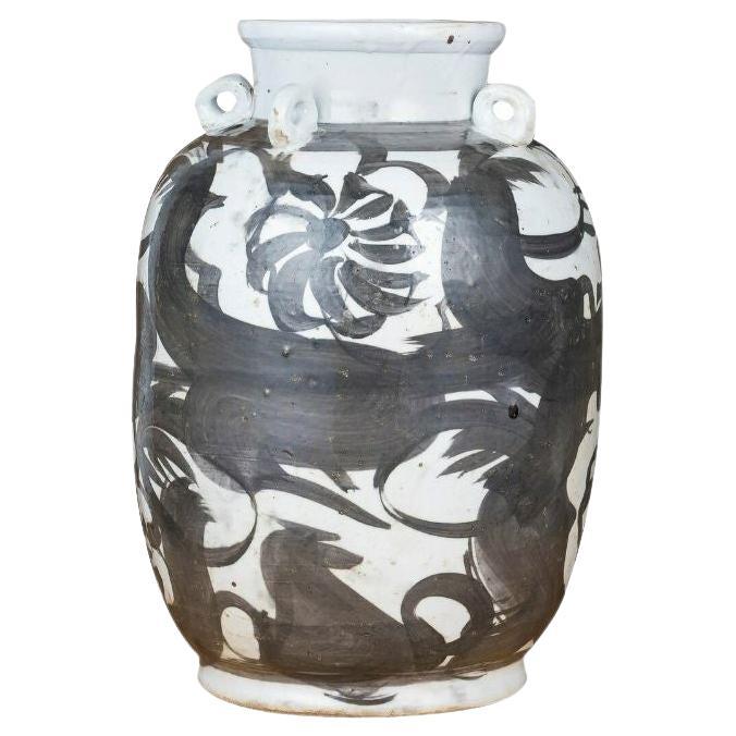 Black Four Loop Handle Jar Twisted Flower Motif For Sale