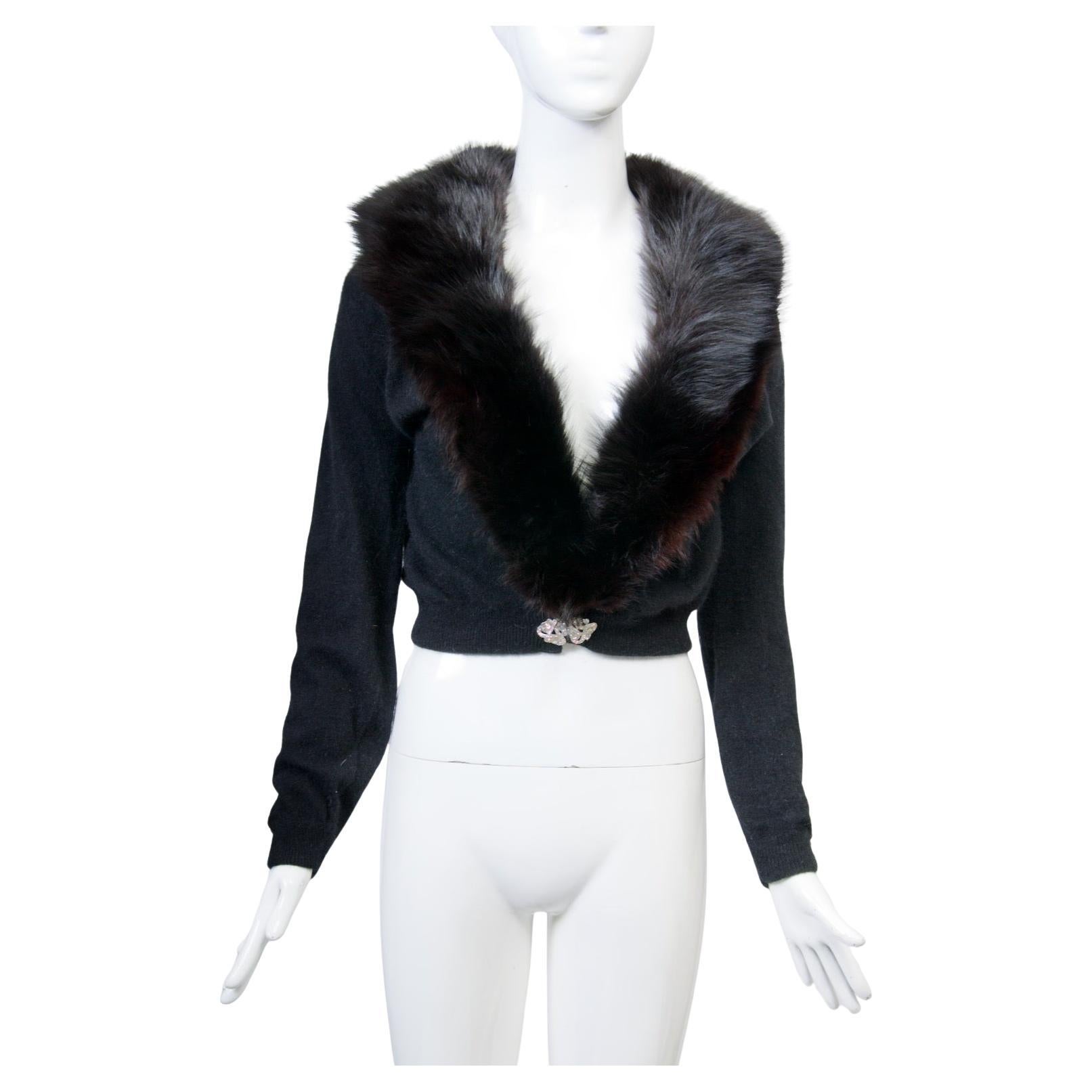 Black Fox-Trimmed Vintage Cardigan