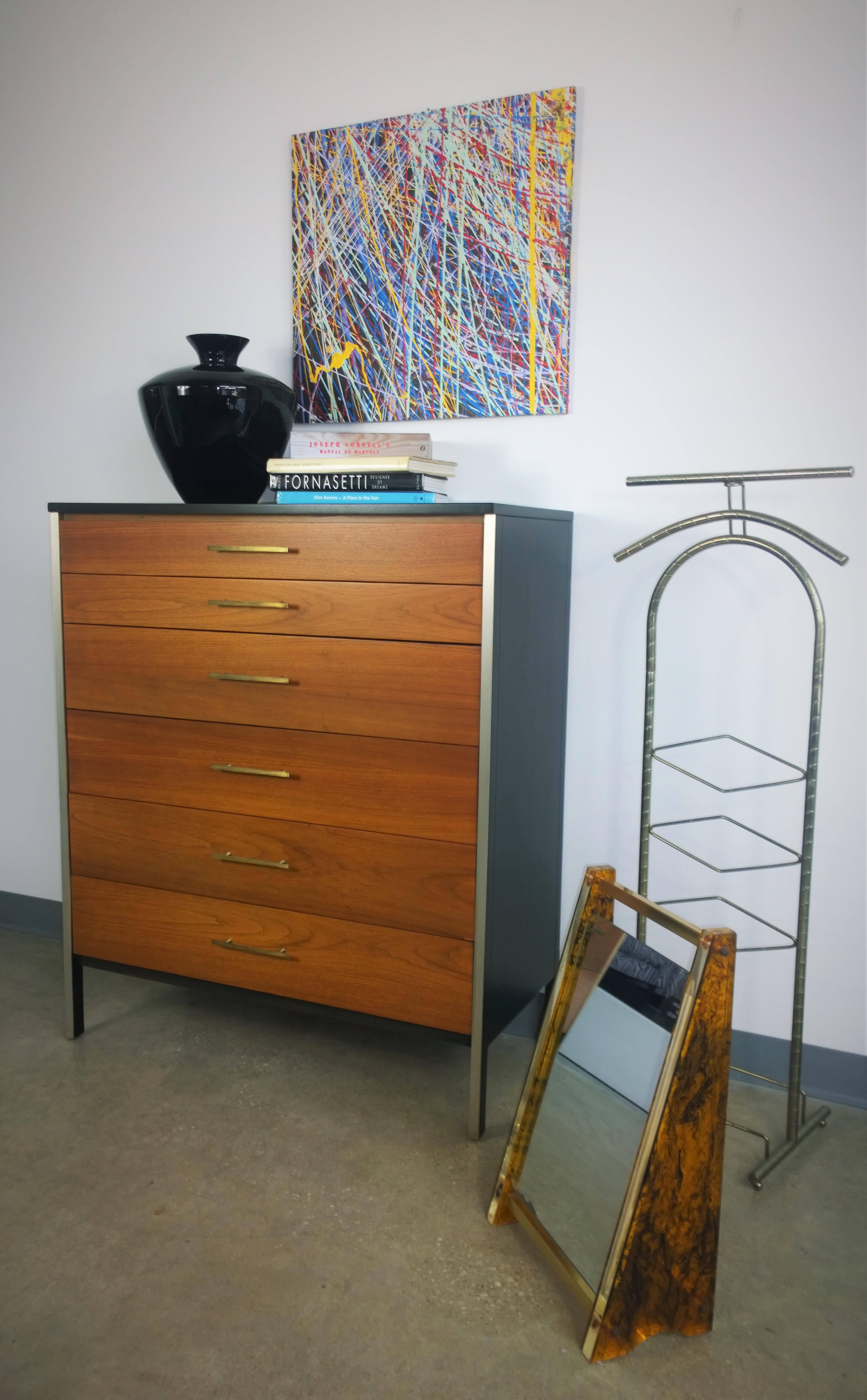 Black Frame & Natural Walnut 6-Drawer w/ Brass Pulls Chest of Drawers / High Boy For Sale 12