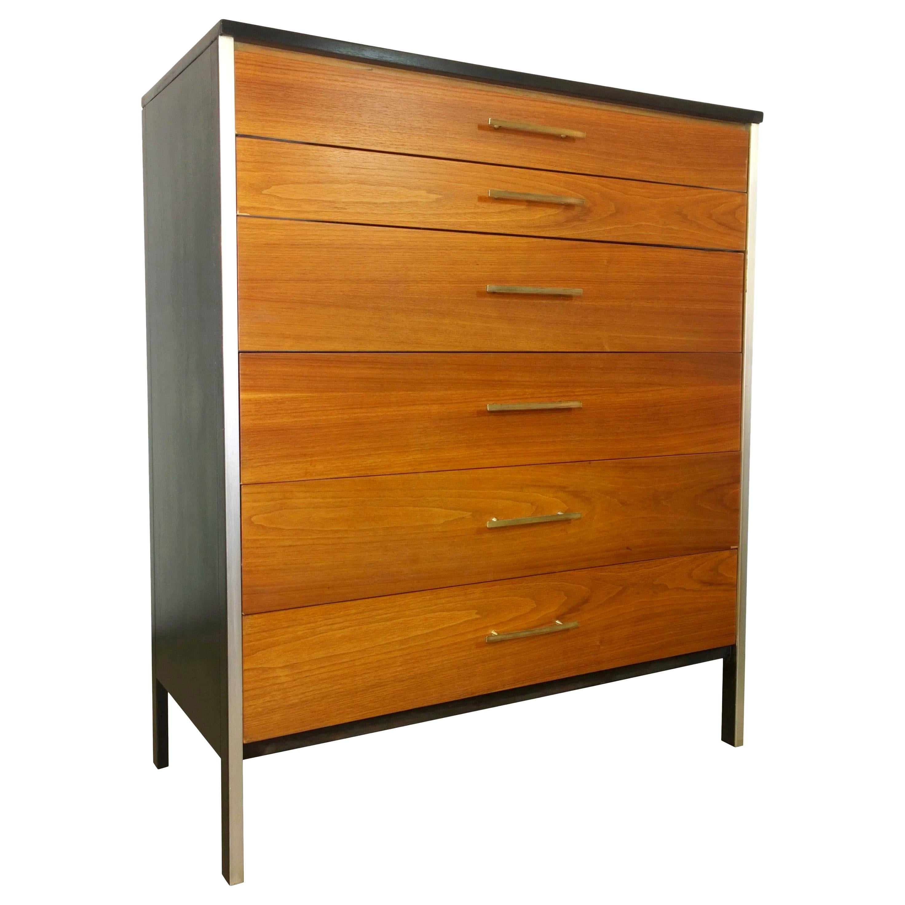 Black Frame & Natural Walnut 6-Drawer w/ Brass Pulls Chest of Drawers / High Boy For Sale