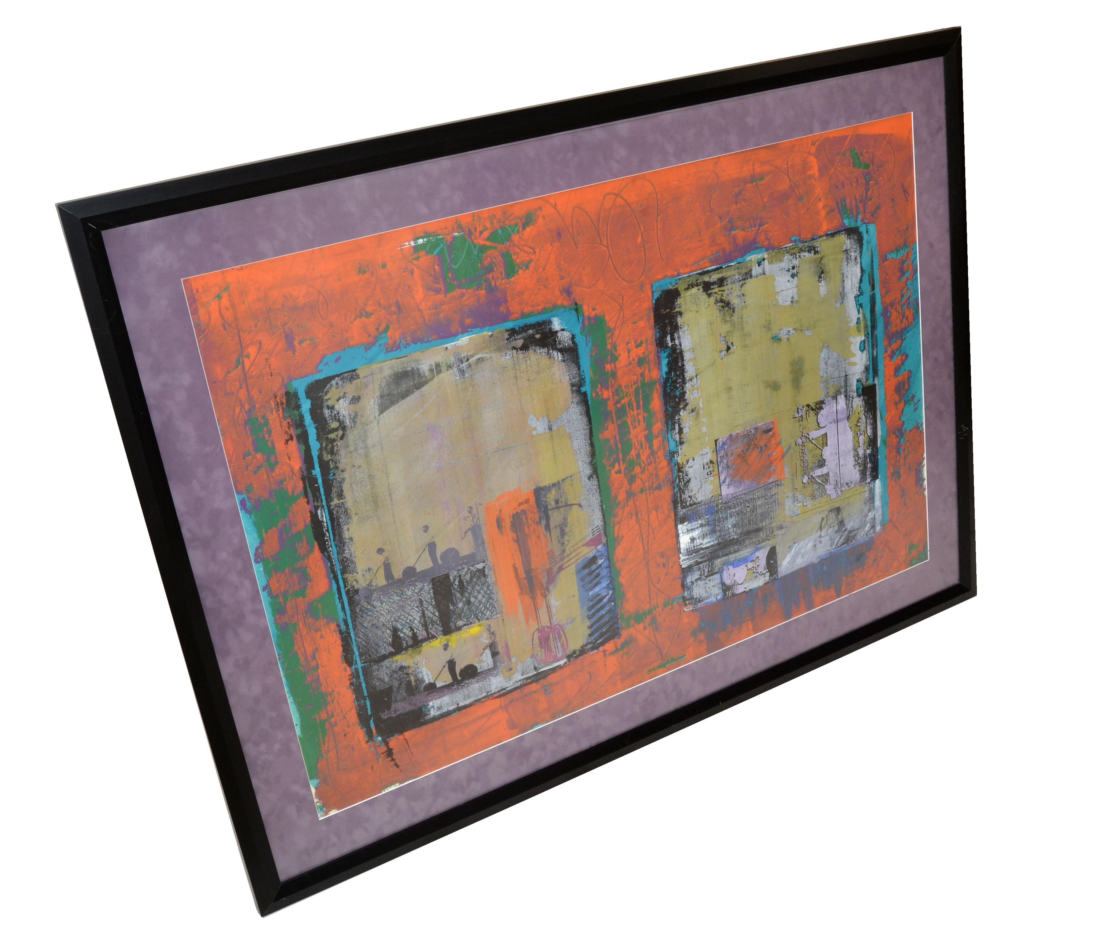 Unique abstract art on canvas, circa 1980s. 
Professionally framed and marked on the reverse.
Art Size: 39 x 27 inches.