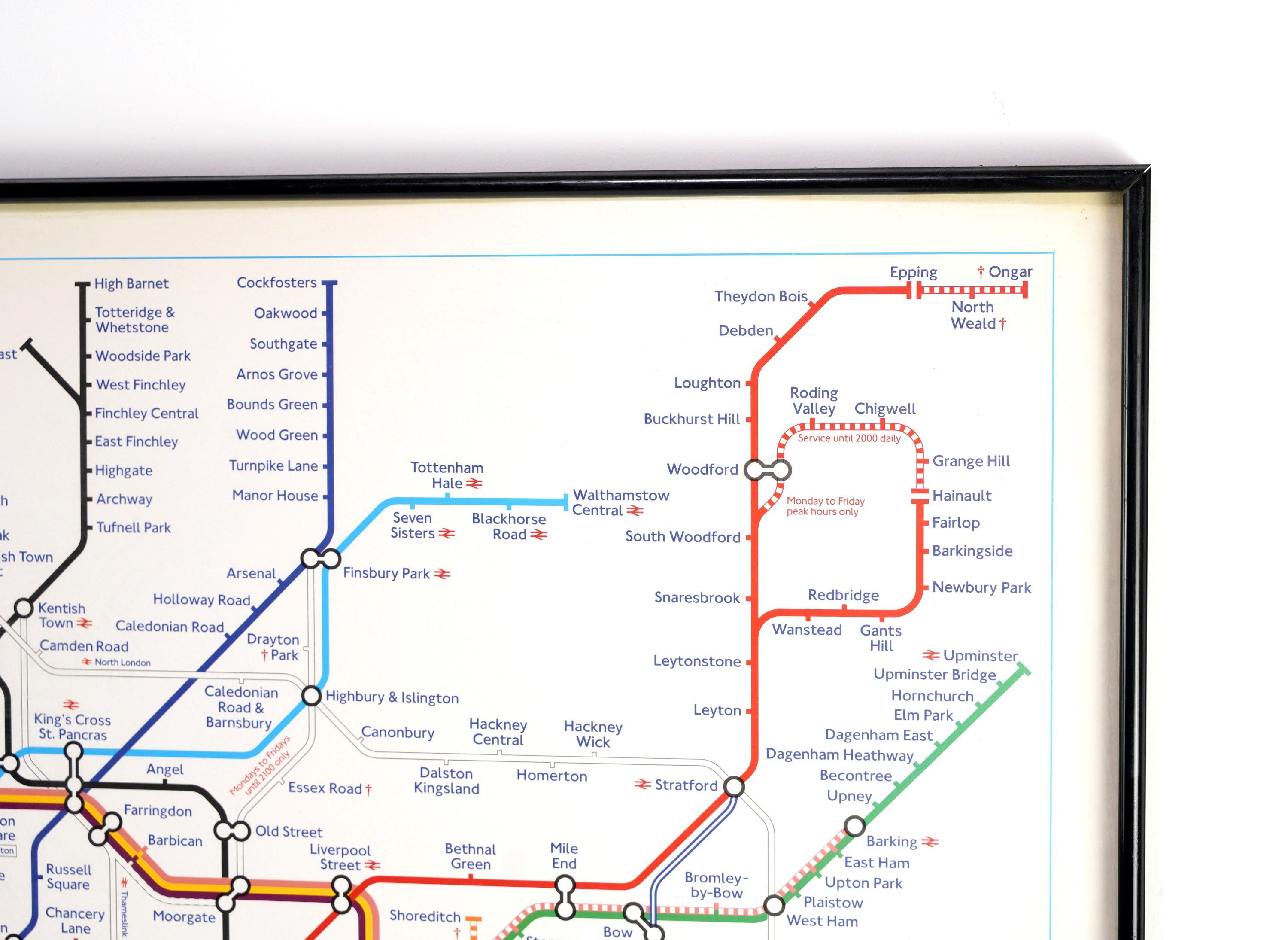 Black framed map of the London Underground in the 20th century. Glass front. Made by London Regional Transport. Mounting wire on back. Please note, this item is located in our Los Angeles location.
