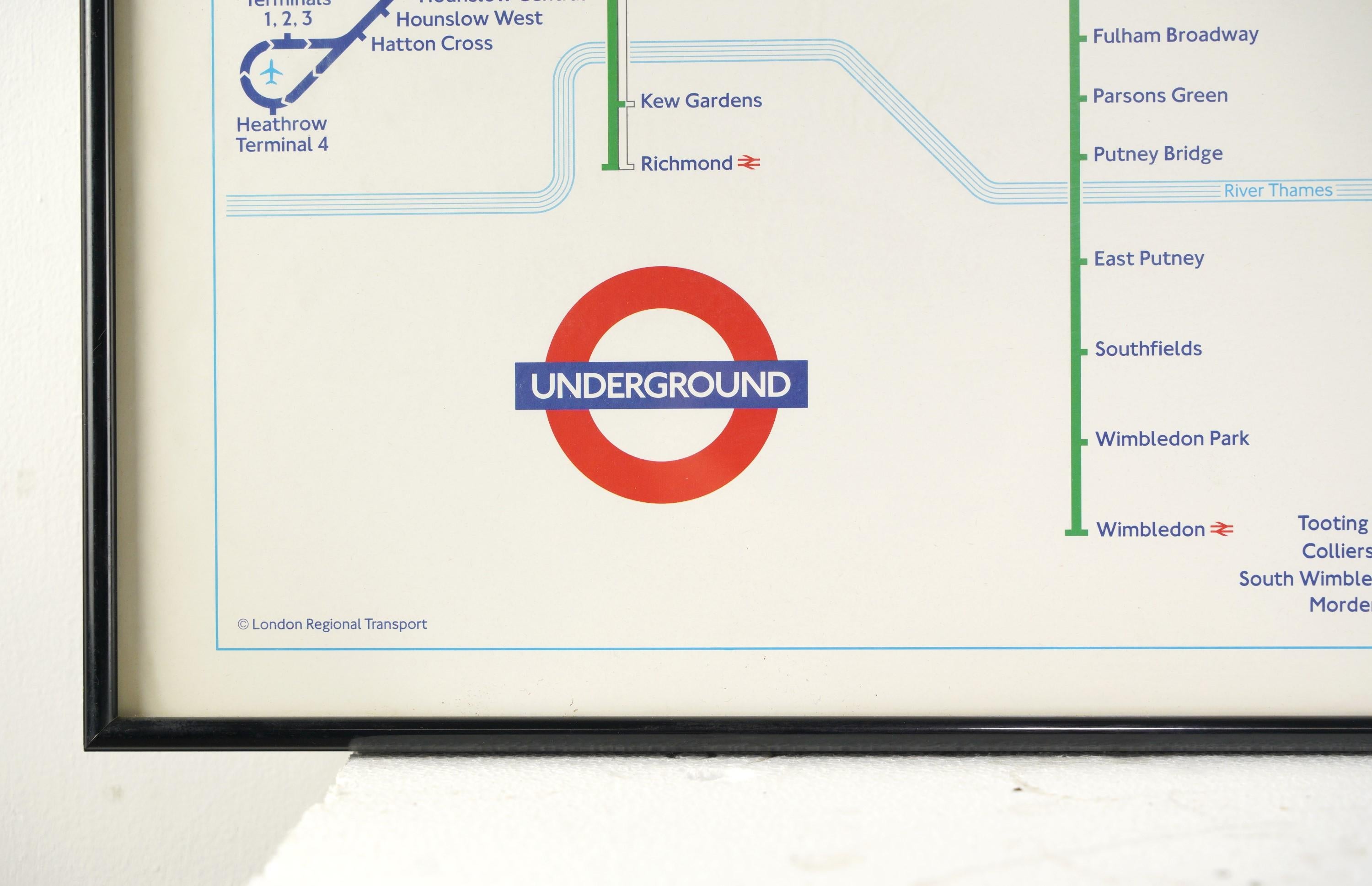 English Black Framed London Underground Subway Map w Glass