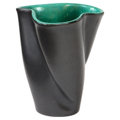 Black Free-Form Elchinger Vase, Green Interrier Glaze, France. C. 1950, Signed